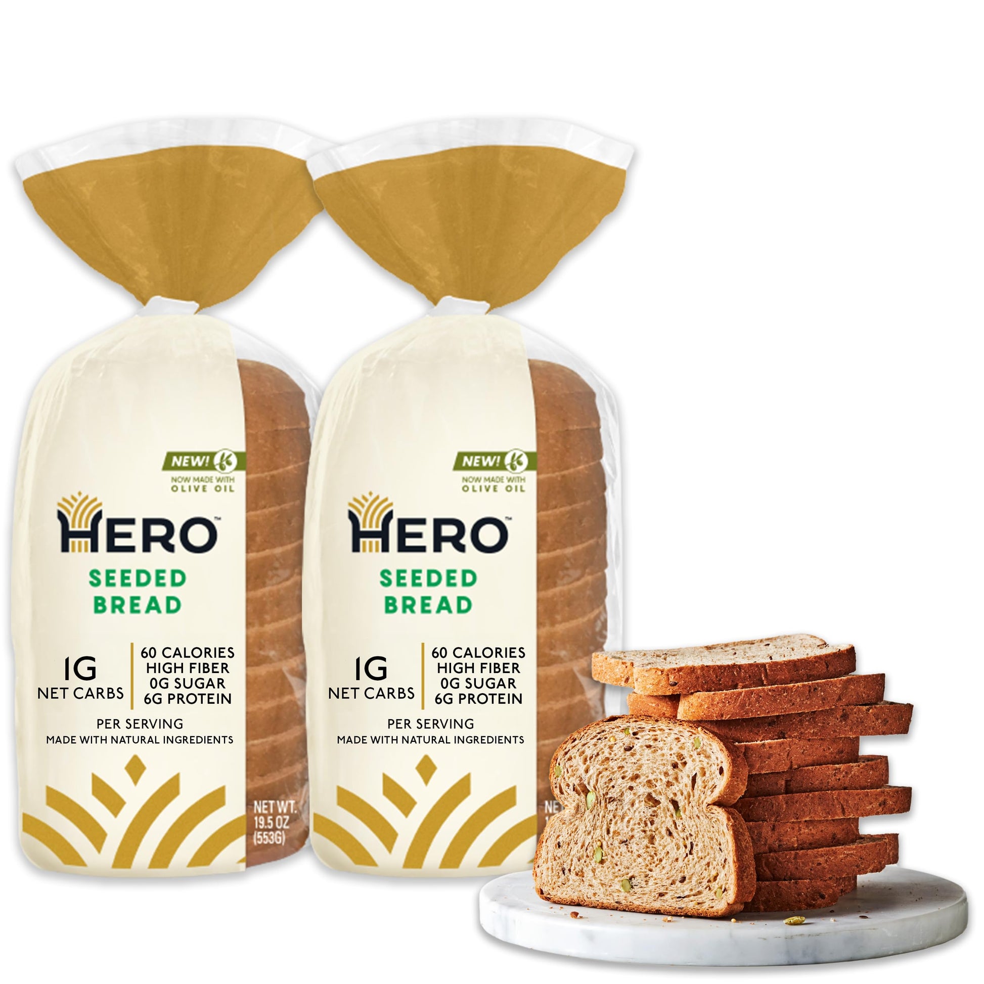 Hero Seeded Bread — Delicious Bread With 1G Net Carb, 0G Sugar, 60 Calories, 12G Fiber Per Slice | Tastes Like Regular Bread | Low Carb & Keto Friendly Bread Loaf —15 Slices/Loaf, 2 Loaves