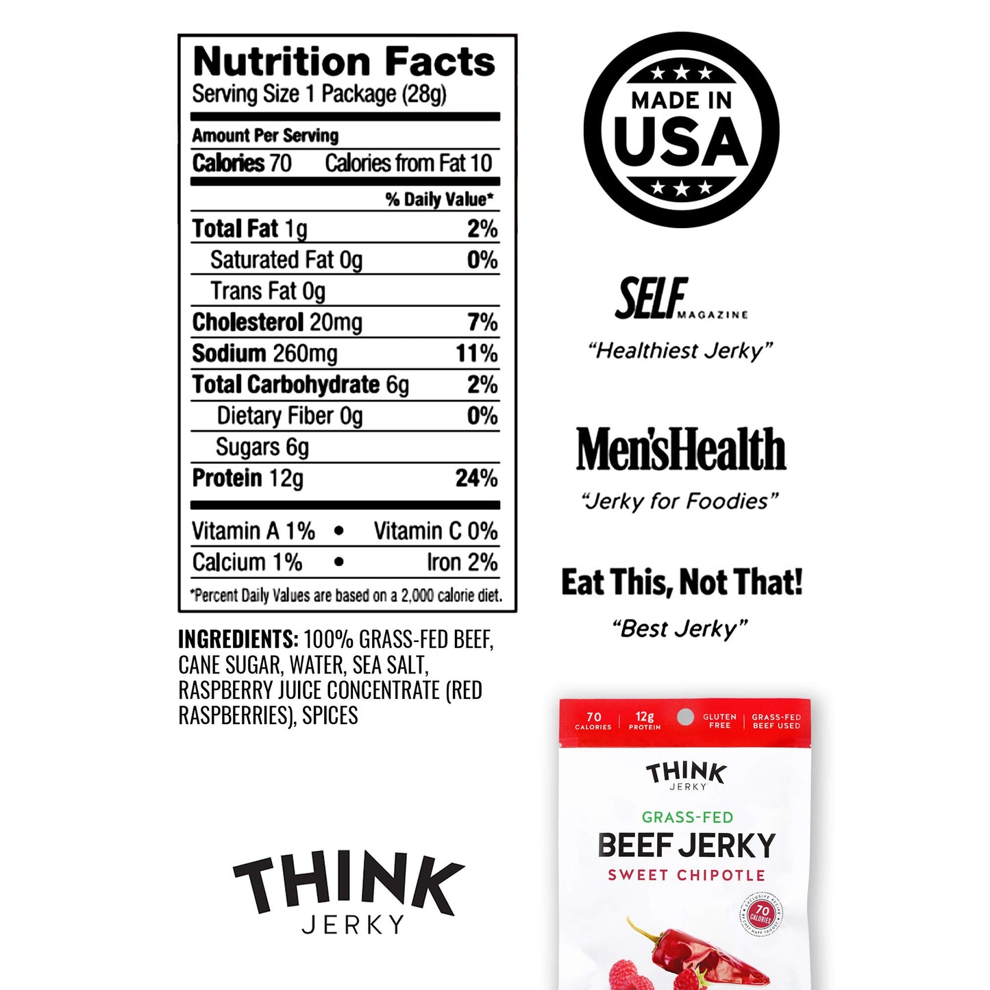 Think Jerky Sweet Chipotle Beef Jerky, Grass-Fed, Gluten-Free, 2.2 oz (Pack of 4)