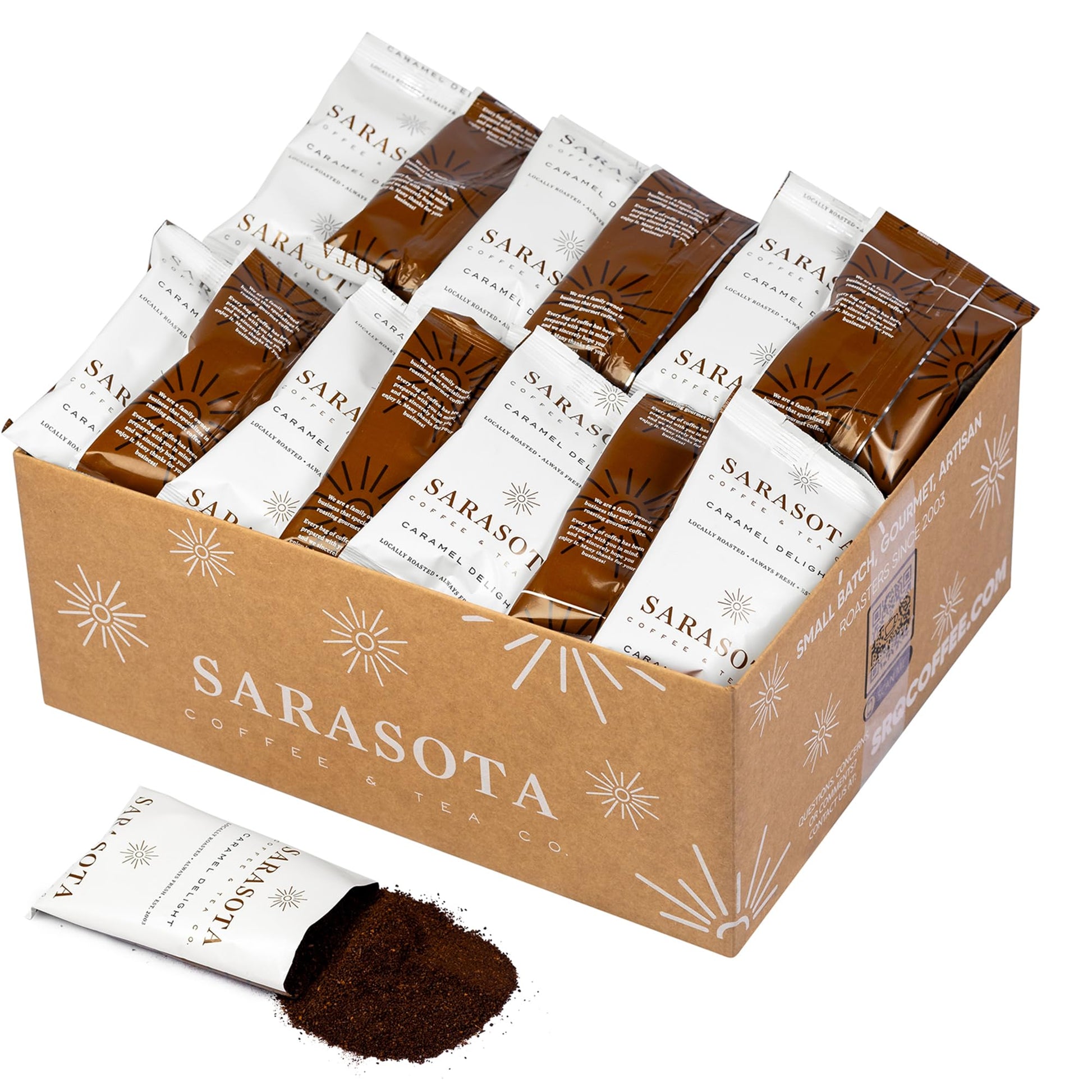 Sarasota Coffee Ground Packets | Gourmet Flavored Medium Roast Bulk Coffee Packs | Salted Caramel | Low Acid Mold Free Singles Individual Pouches For 12 Cup Coffee Maker | 2 Ounce Bags  36 Count