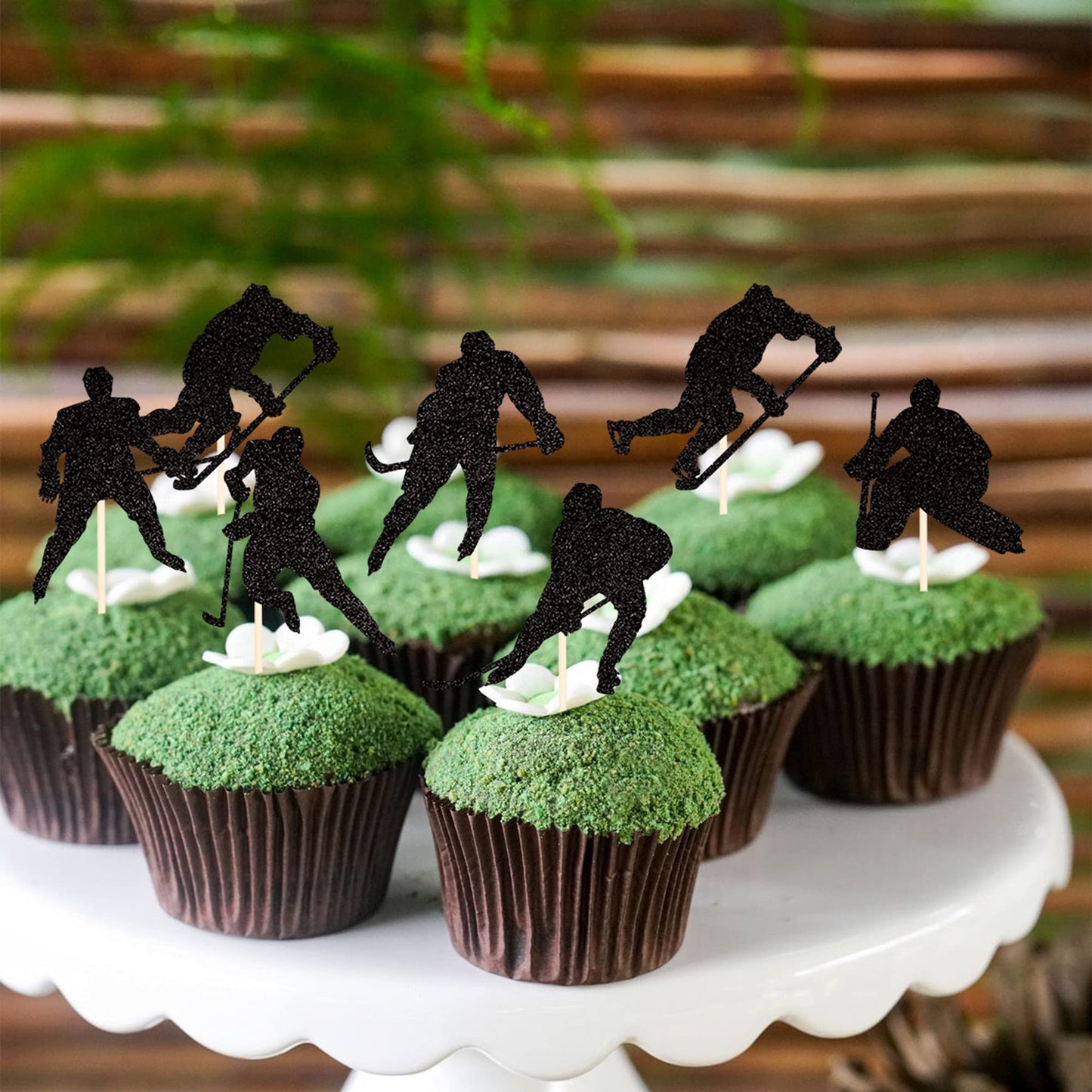 24 Pcs Hockey Cupcake Toppers Black Glitter Hockey Players Cupcake Picks Ice Hockey Sports Theme Baby Shower Boys Girls Birthday