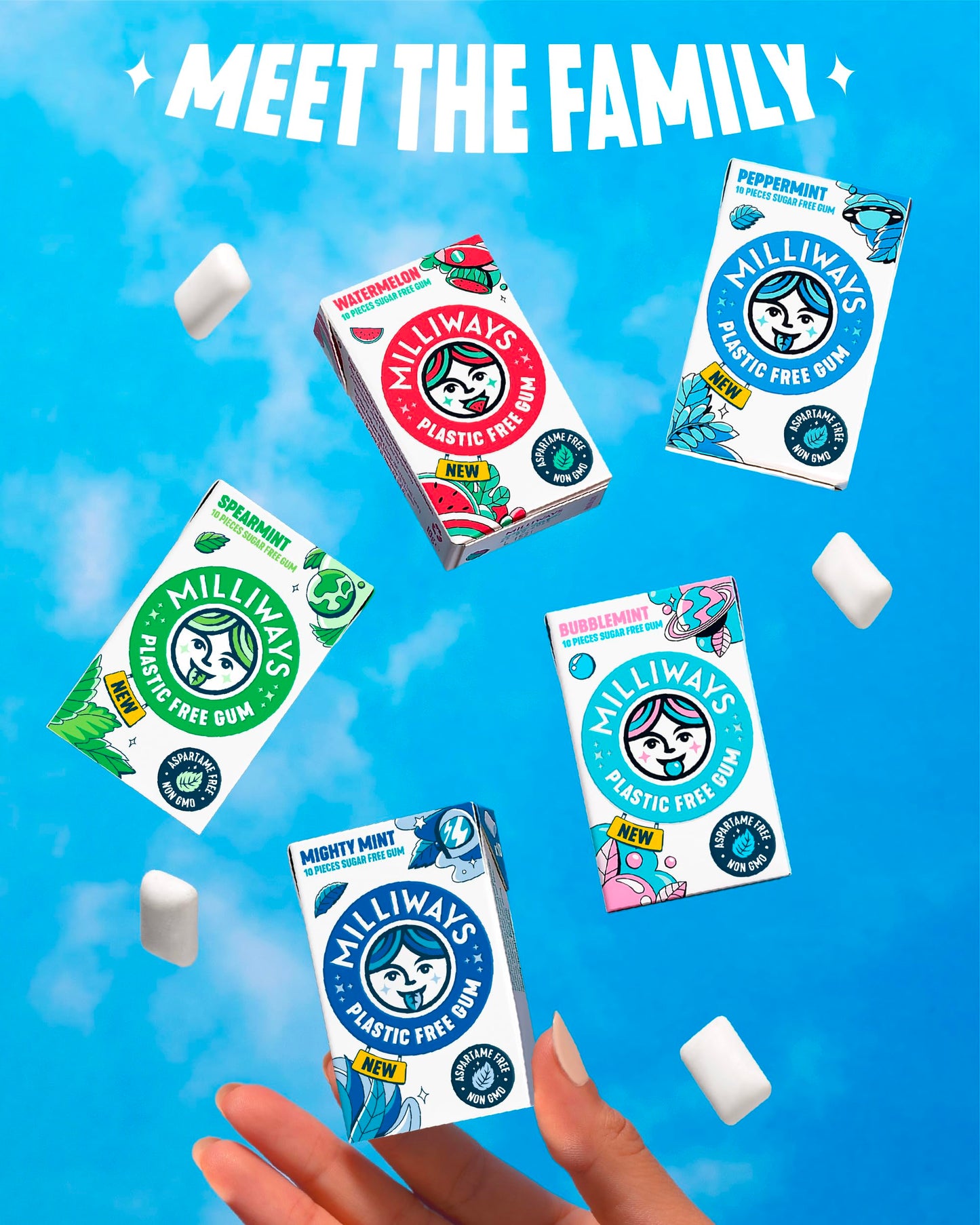 Milliways Mighty Mint Gum | Plant-Based, Sugar-Free, 120 Count | Xylitol & Aspartame-Free Chewing Gum in 12 Packs of 10 Pieces