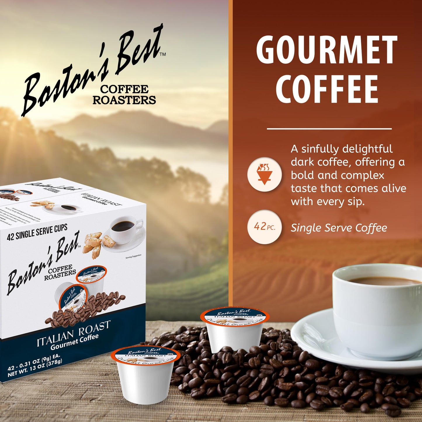 Bostons Best Italian Roast Gourmet Coffee, Dark Roast, 42 Single Serve Cups, Compatible with Keurig, Model 017809009875