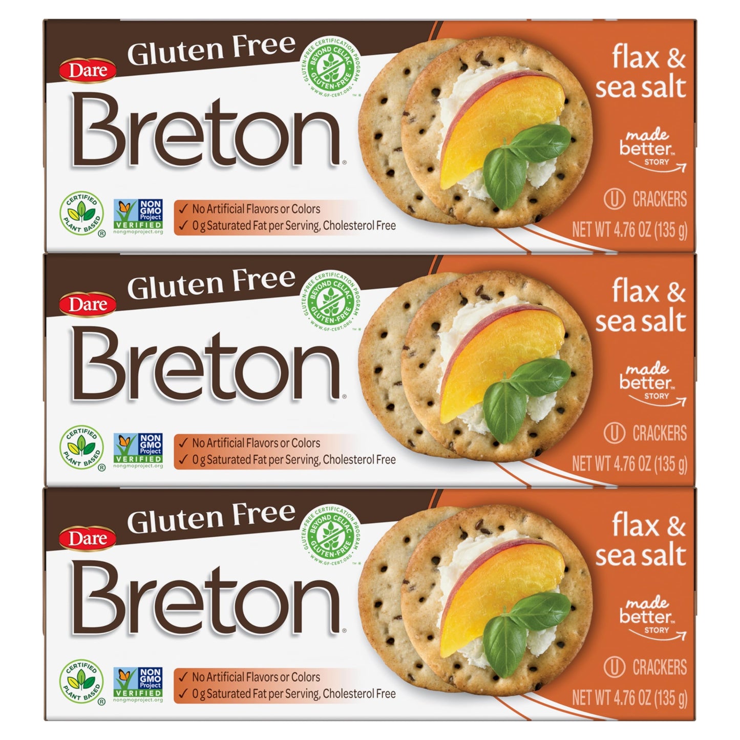 Breton Crackers, Gluten Free Flax & Sea Salt, Pack of 3