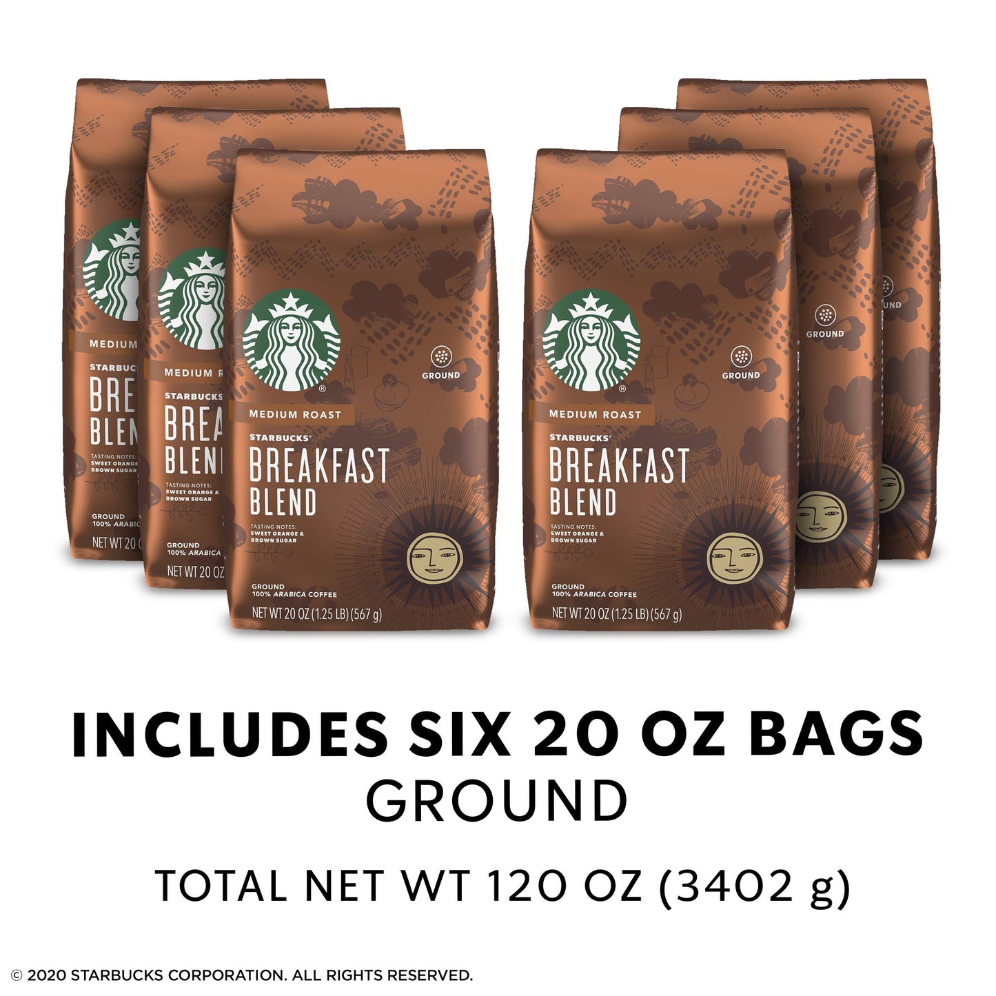 Starbucks Ground Coffee, Breakfast Blend, 100% Arabica, 6 Bags (20 oz. each)
