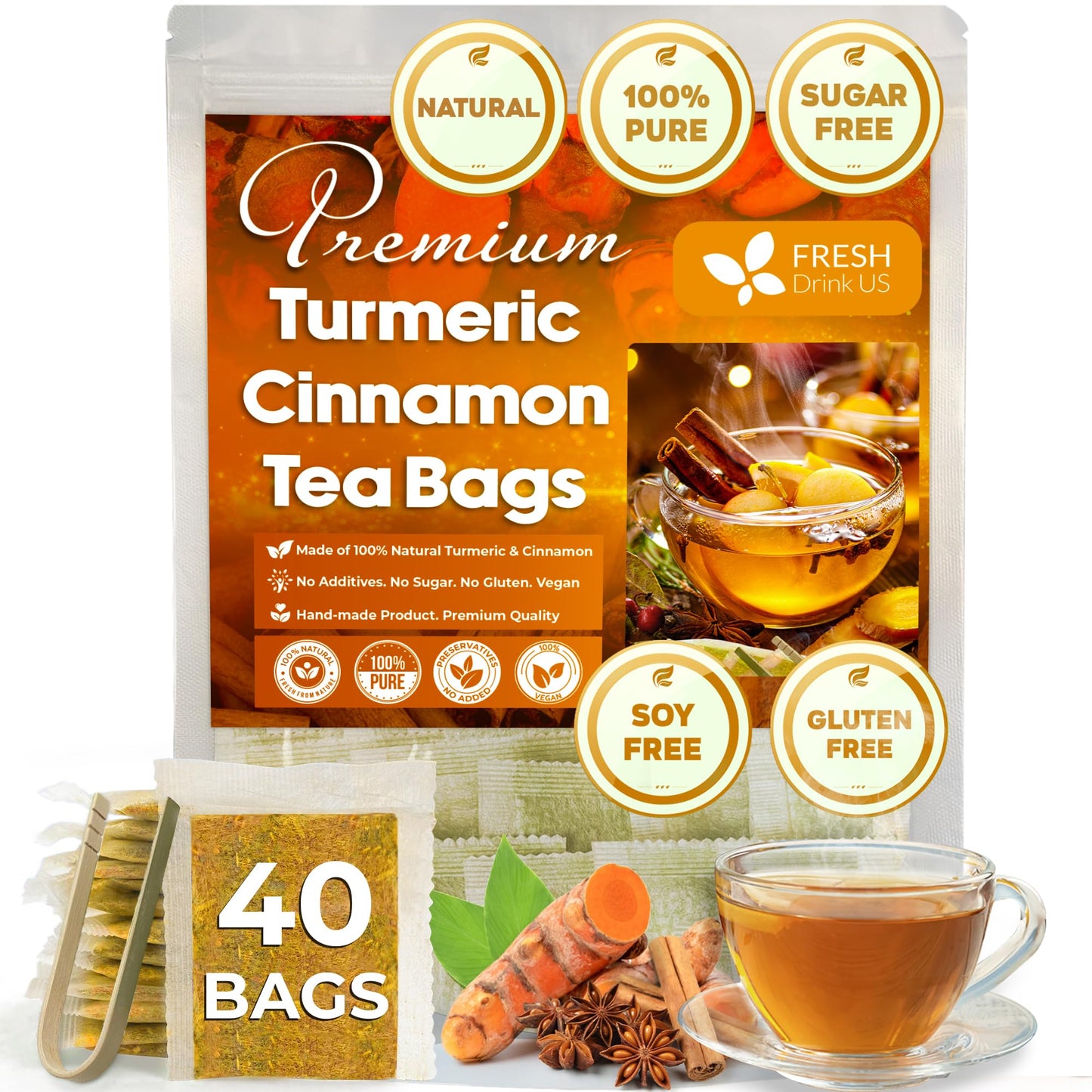 FRESHDRINKUS Turmeric Cinnamon Tea Bags, 100% Natural, Vegan, 40 Count