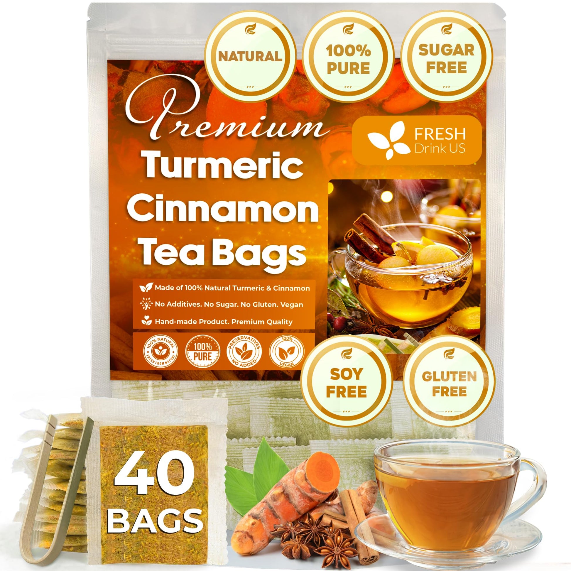 FRESHDRINKUS Turmeric Cinnamon Tea Bags, 100% Natural, Vegan, 40 Count