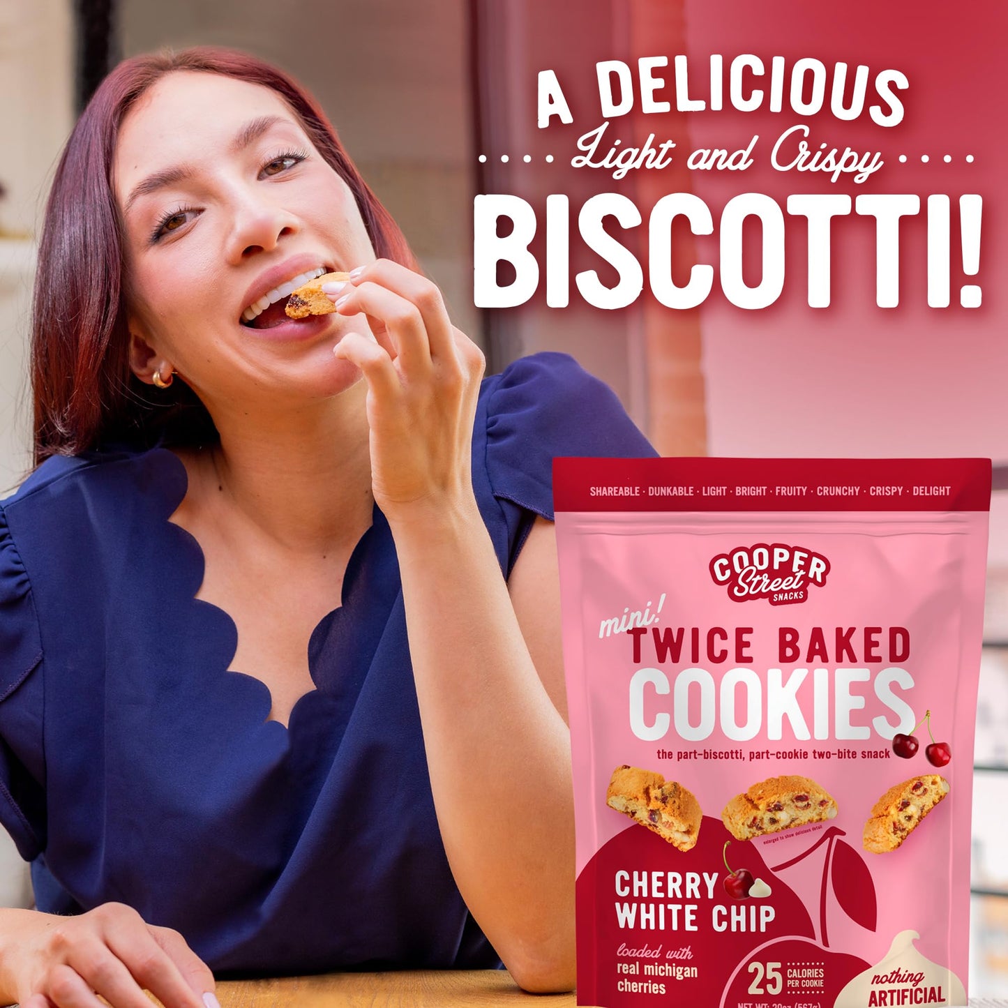 Cooper Street Twice Baked Mini Biscotti Italian Style Cookies - 1.25 Pound of Cherry Chocolate Gourmet Cookies Ideal With Coffee