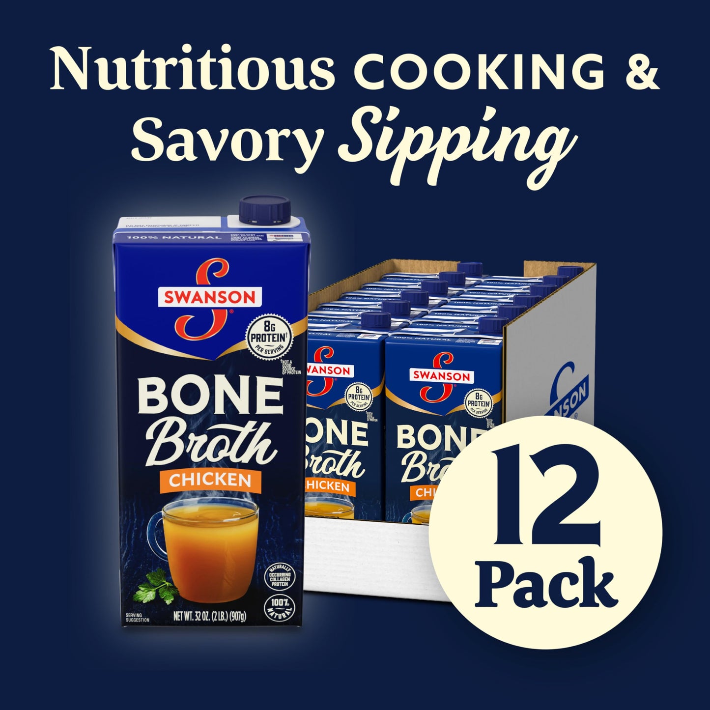 SWANSON S Chicken Bone Broth, 32 oz Resealable Carton, Pack of 12, 2 Pound