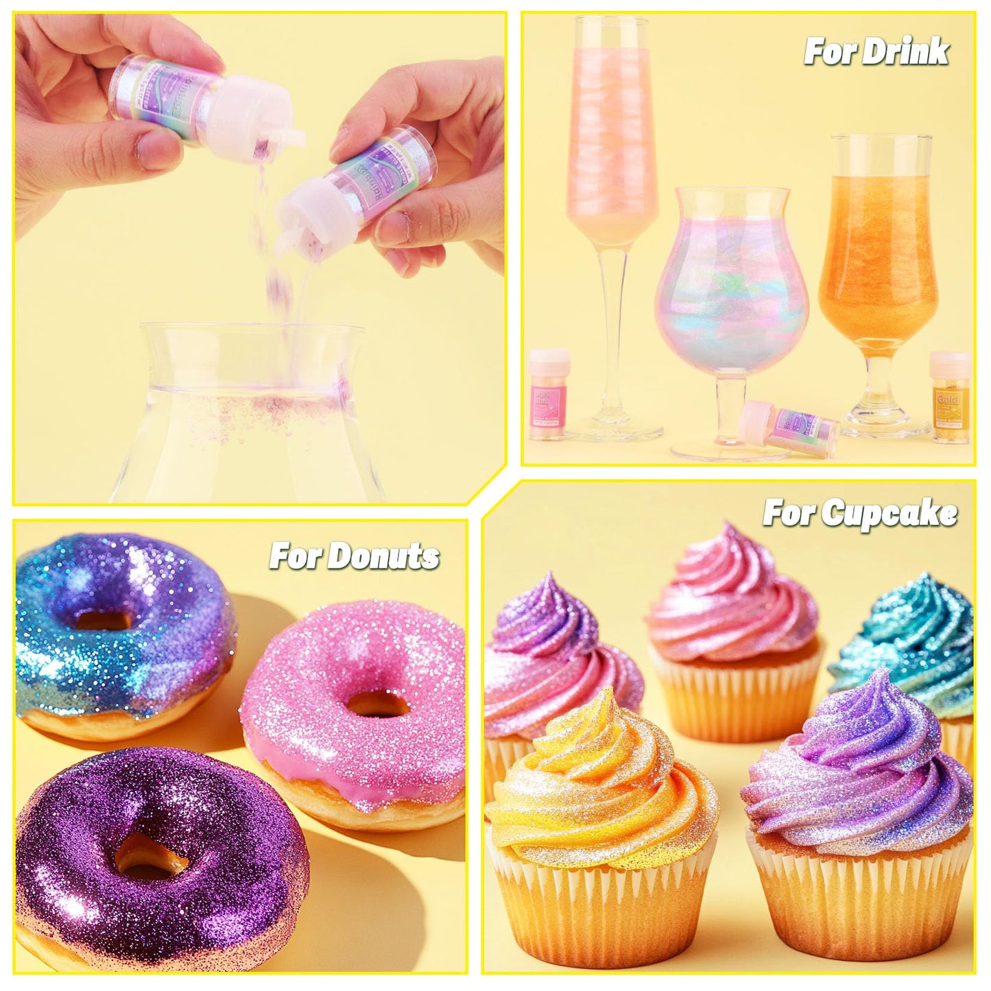 Edible Glitter - 15 Popular Colors Edible Glitter For Cocktails, Food Grade Luster Dust, Iridescent Shimmer Powder For Cake Deco