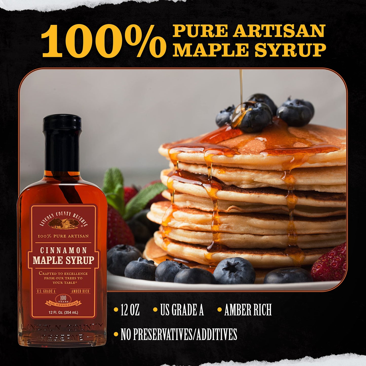 Lincoln County Reserve Cinnamon Maple Syrup, 12 Fl Oz, Amber Rich Grade A, Made in USA, Brown