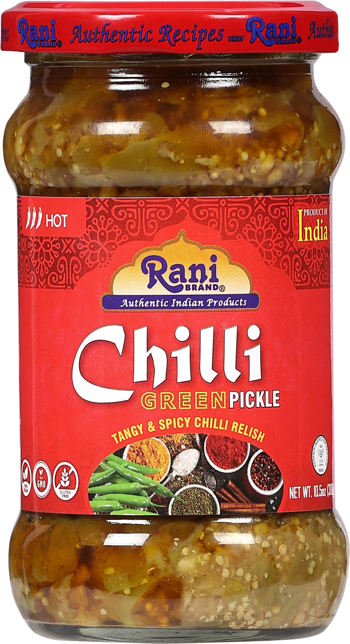 Rani Green Chilli Pickle Achar, Vegan & Gluten Free, 10.5oz (300g) Glass Jar, Spicy Indian Relish
