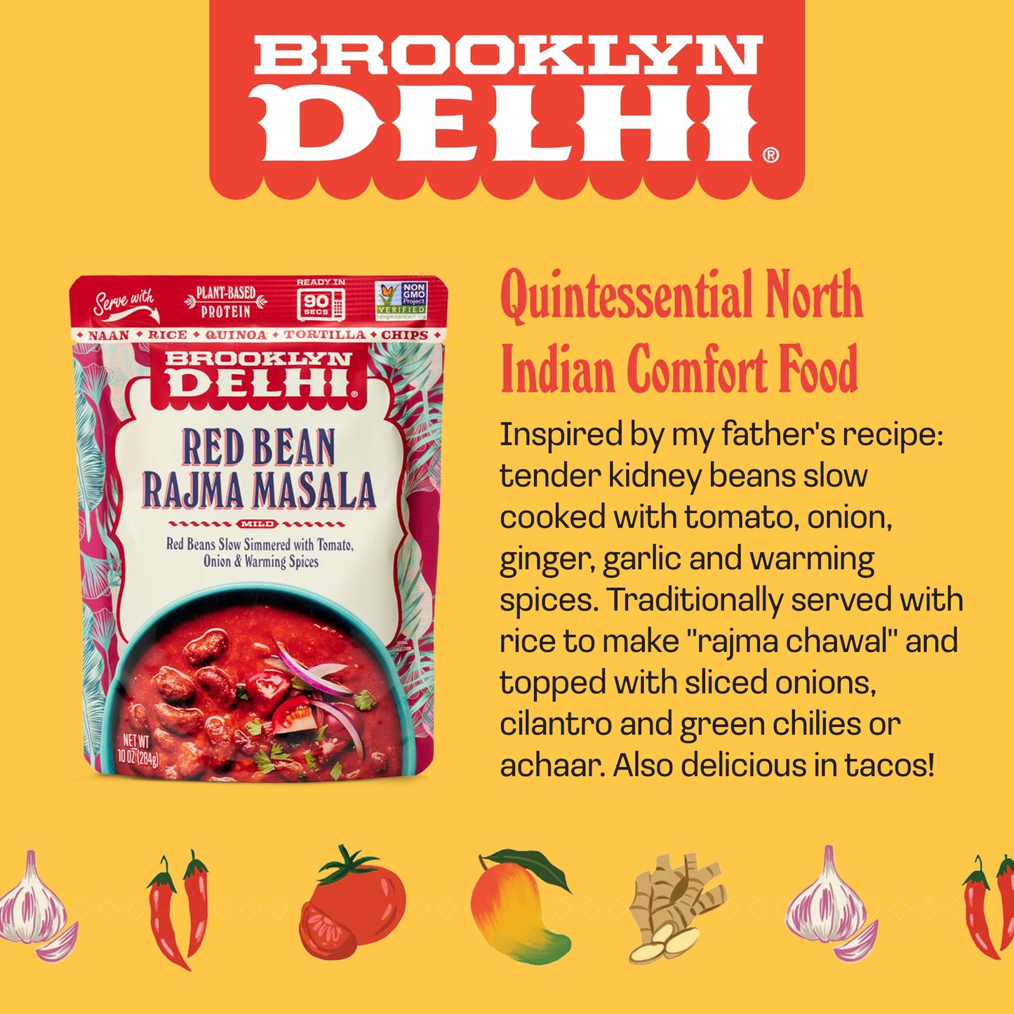 Brooklyn Delhi Red Bean Rajma Masala Pouches - Ready To Eat, Protein-Rich, Microwavable Entree, Ready In 90 Seconds - Vegan, Glu