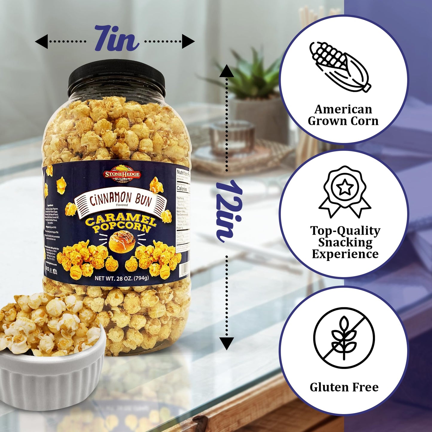 Stonehedge Farms Cinnamon Bun Flavored Popcorn - 28 Oz Large Tub - Bulk Gourmet Deliciously Old Fashioned Popped Sweet Snacks -