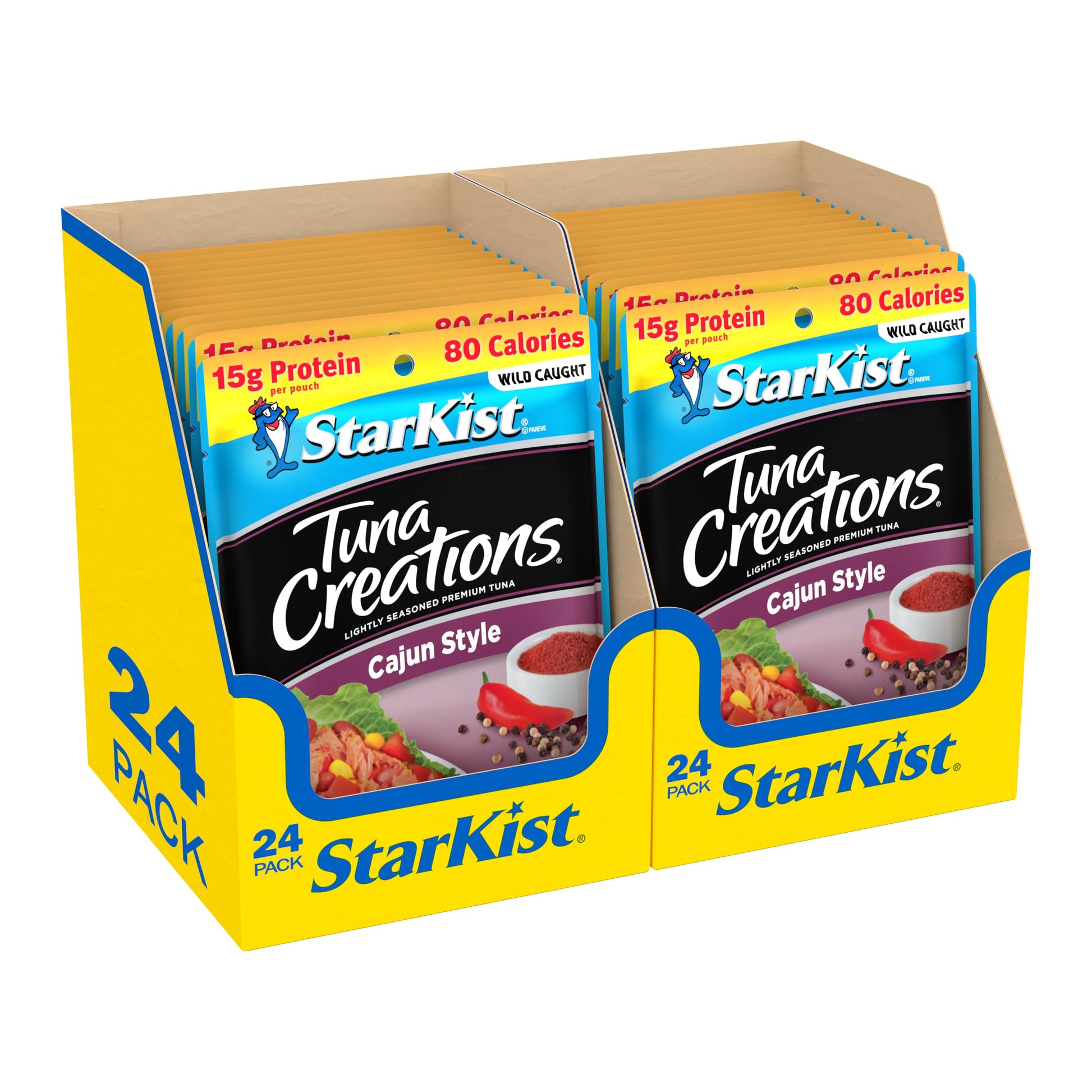StarKist Tuna Creations Cajun Style  2.6 oz Pouch (24 Pack) Ready to Eat Wild Caught Tuna  15g Protein  80 Calories Per Serving  Gluten Free  Soy Free  Perfect for Salads  Meals and Snacks