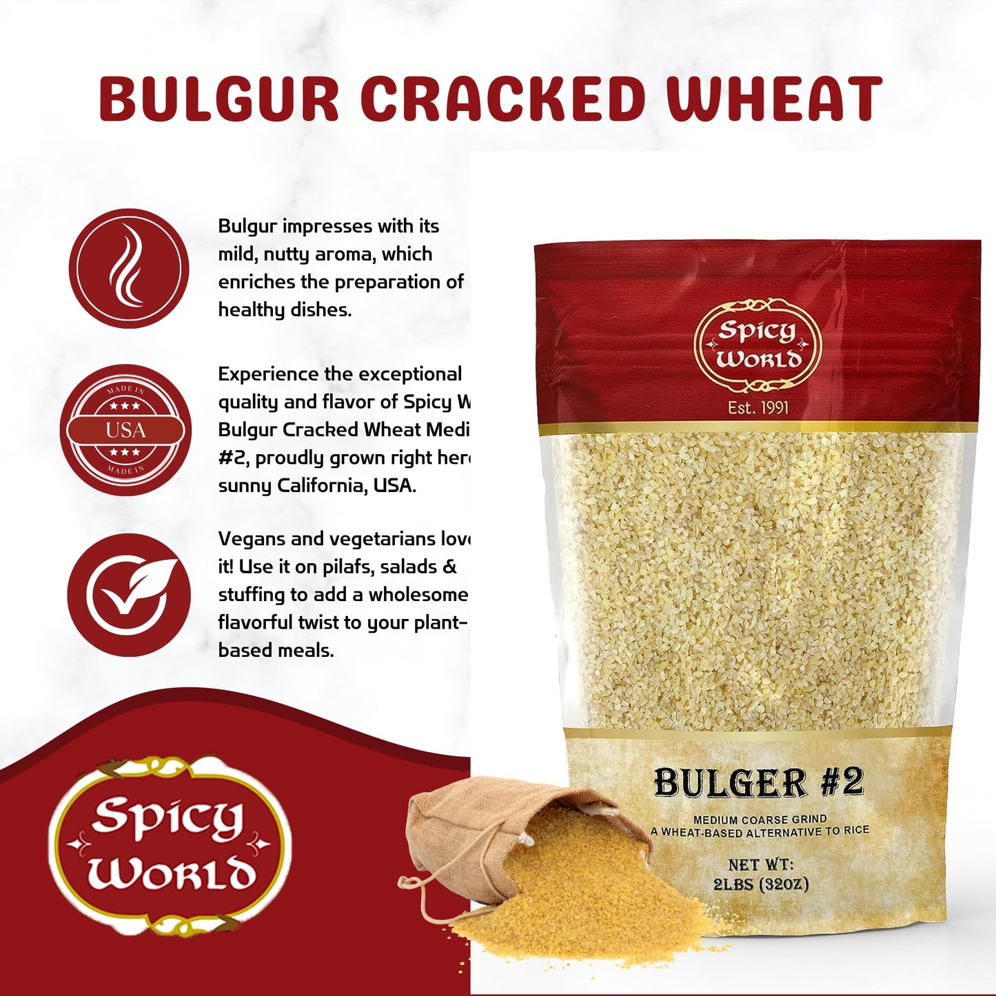 Spicy World Bulgur Cracked Wheat Medium Coarse #2, 2 Lb Bag (32Oz) | Excellent Usa Grown Bulgar Wheat For Tabouleh | 100% Natural & Pure | Great For Vegan Recipes