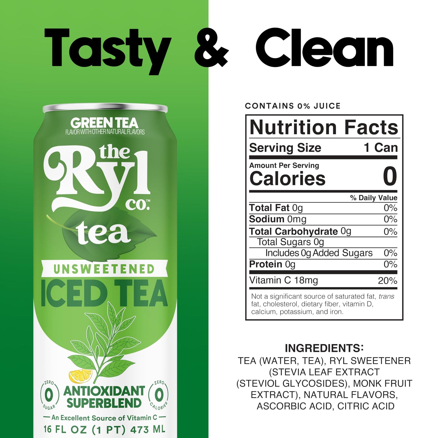 Ryl Unsweetened Green Iced Tea - Antioxidant Superblend, No Artificial Ingredients, Zero Sugar, Zero Calorie, Low Carb, Non-Gmo,
