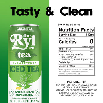 Ryl Unsweetened Green Iced Tea - Antioxidant Superblend, No Artificial Ingredients, Zero Sugar, Zero Calorie, Low Carb, Non-Gmo,