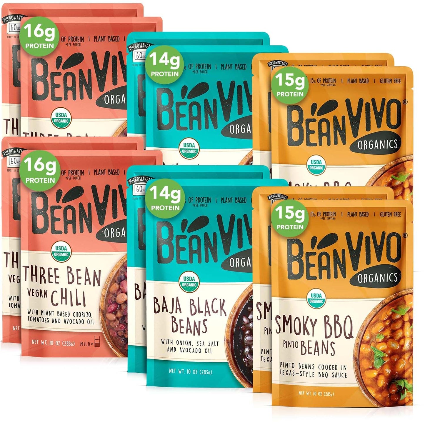 BeanVIVO - Variety 12 Pack (10 oz each) - Organic Baja Black Beans, Three Bean Vegan Chili, BBQ Pinto Beans - Seasoned & Ready t