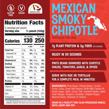 The Good Bean Heat And Eat Pouch - Mexican Smoky Chipotle - (4 Pack) 10 Oz Pouch - Simmered Pinto Beans With Chipotle Chilies - Pre-Cooked Beans With Good Source Of Plant Protein And Fiber