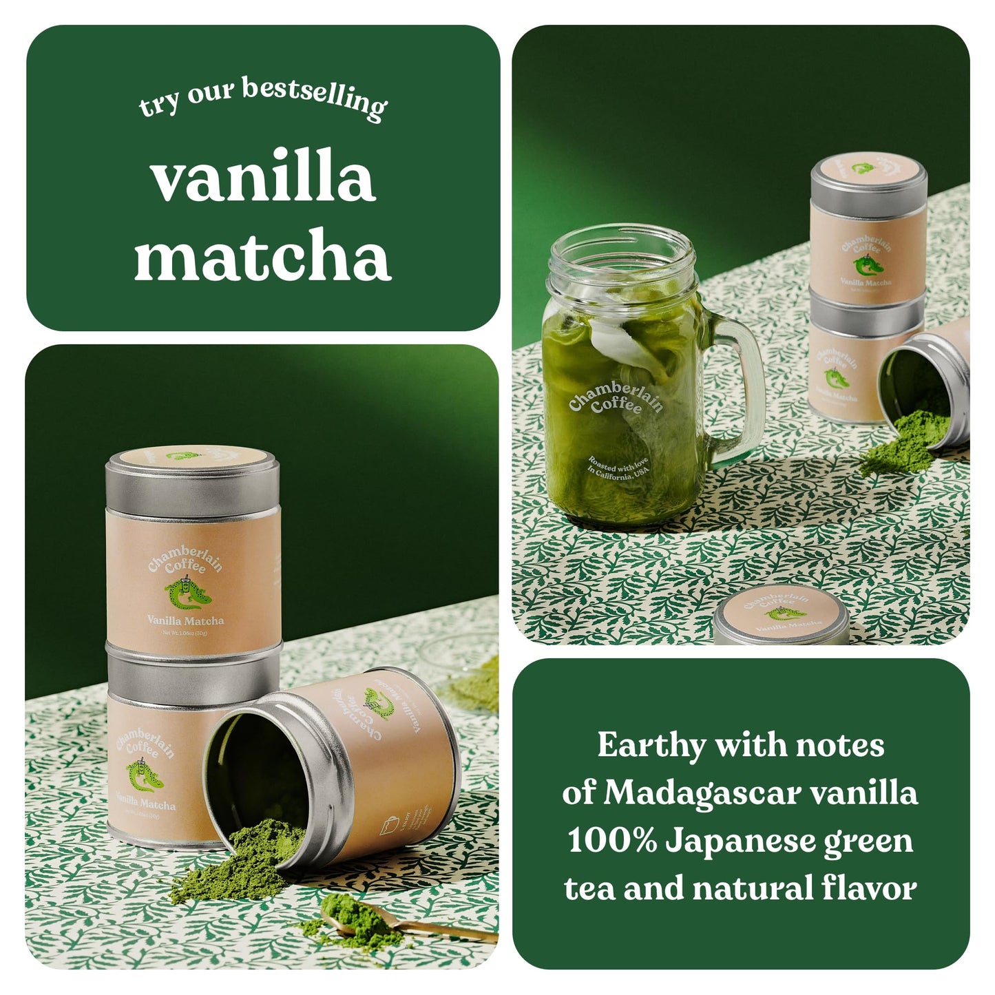 Chamberlain Coffee Vanilla Matcha Green Tea Powder - Madagascar Vanilla + Ceremonial Grade Matcha - Hot Or Iced - Organic, Vegan