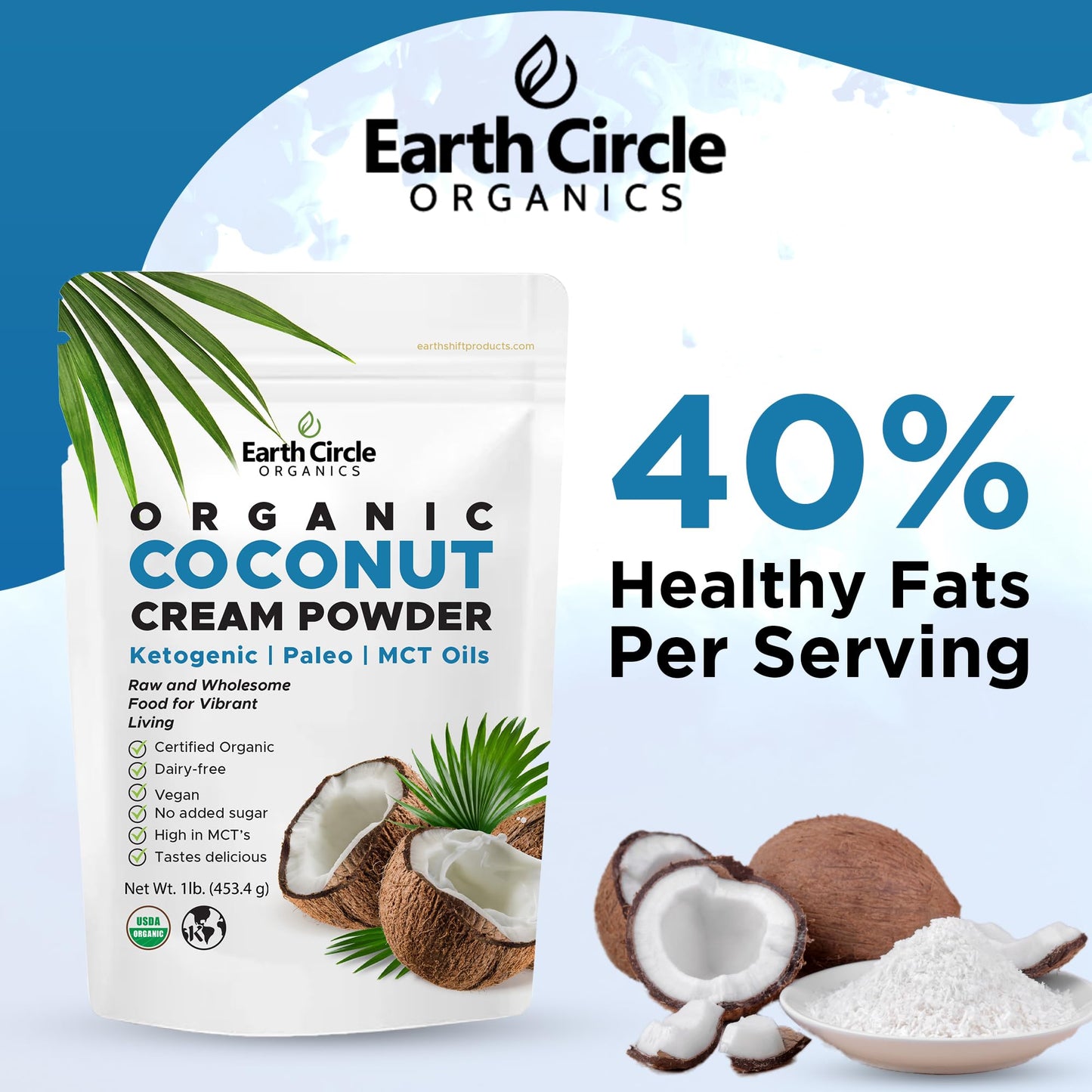Earth Circle Organics Organic Coconut Cream Powder, Vegan, No Added Sugar, 16 Ounce