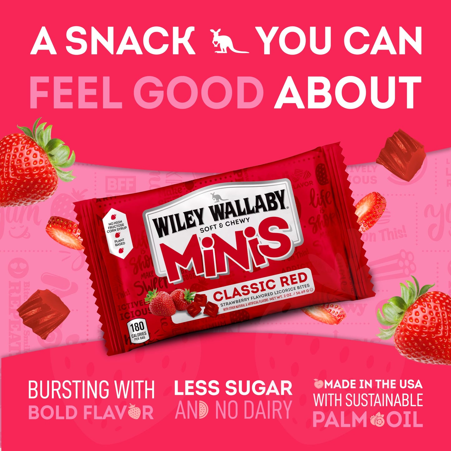 Wiley Wallaby Classic Red Mini Licorice Bites 3.5 Ounce Gourmet Soft & Chewy Australian Strawberry Licorice Candy Bags, 18 Pack