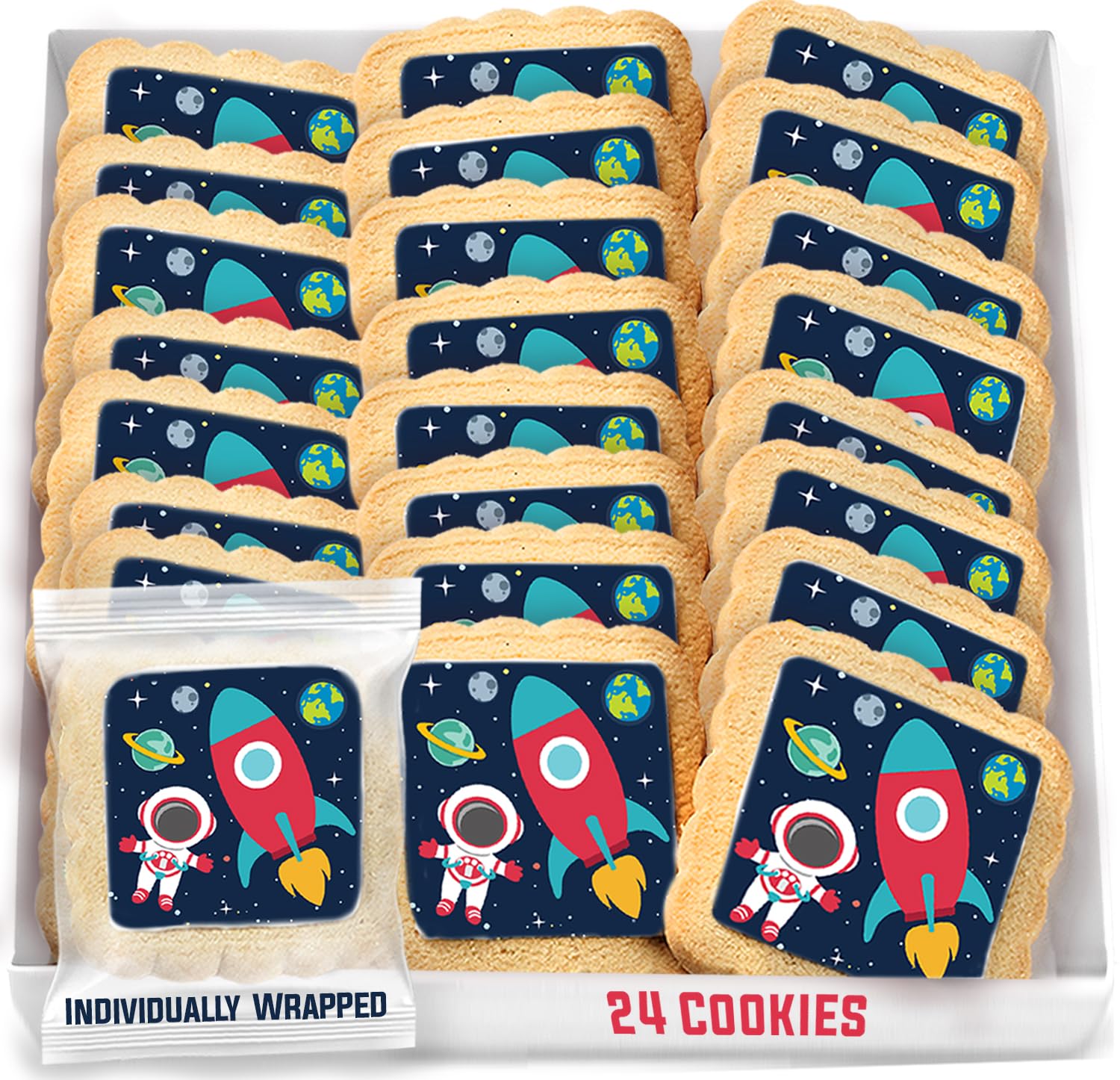 Space Themed Cookies Individually Wrapped Bulk | Outer Space Astronaut Planets Rocketship | Party Favors 24 Pack for Kids Birthd