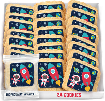 Space Themed Cookies Individually Wrapped Bulk | Outer Space Astronaut Planets Rocketship | Party Favors 24 Pack for Kids Birthd