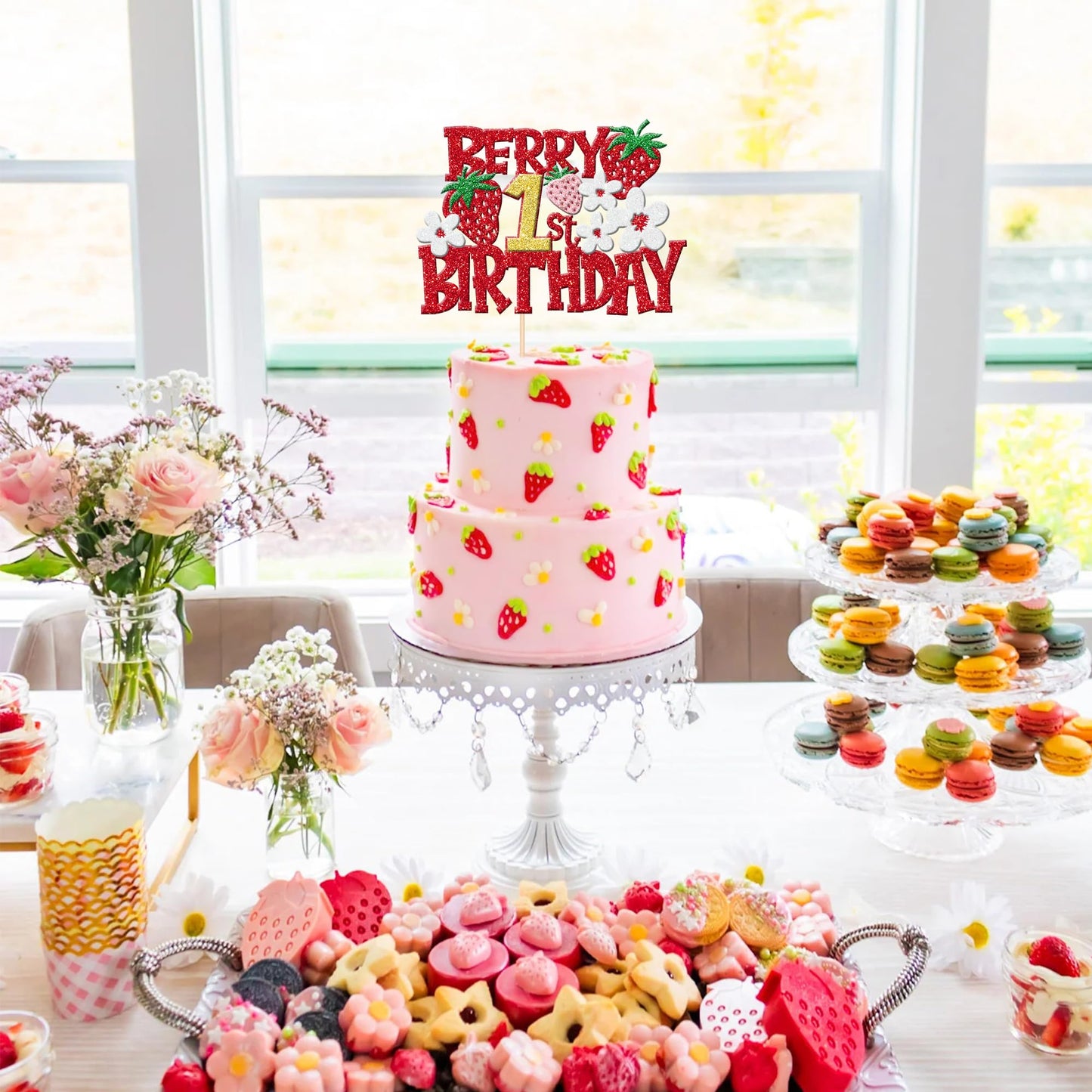 1 Pcs Berry 1St Birthday Cake Topper Red Glitter Flower Fruit Sweet One Strawberry Cake Pick First Birthday Strawberry One Cake