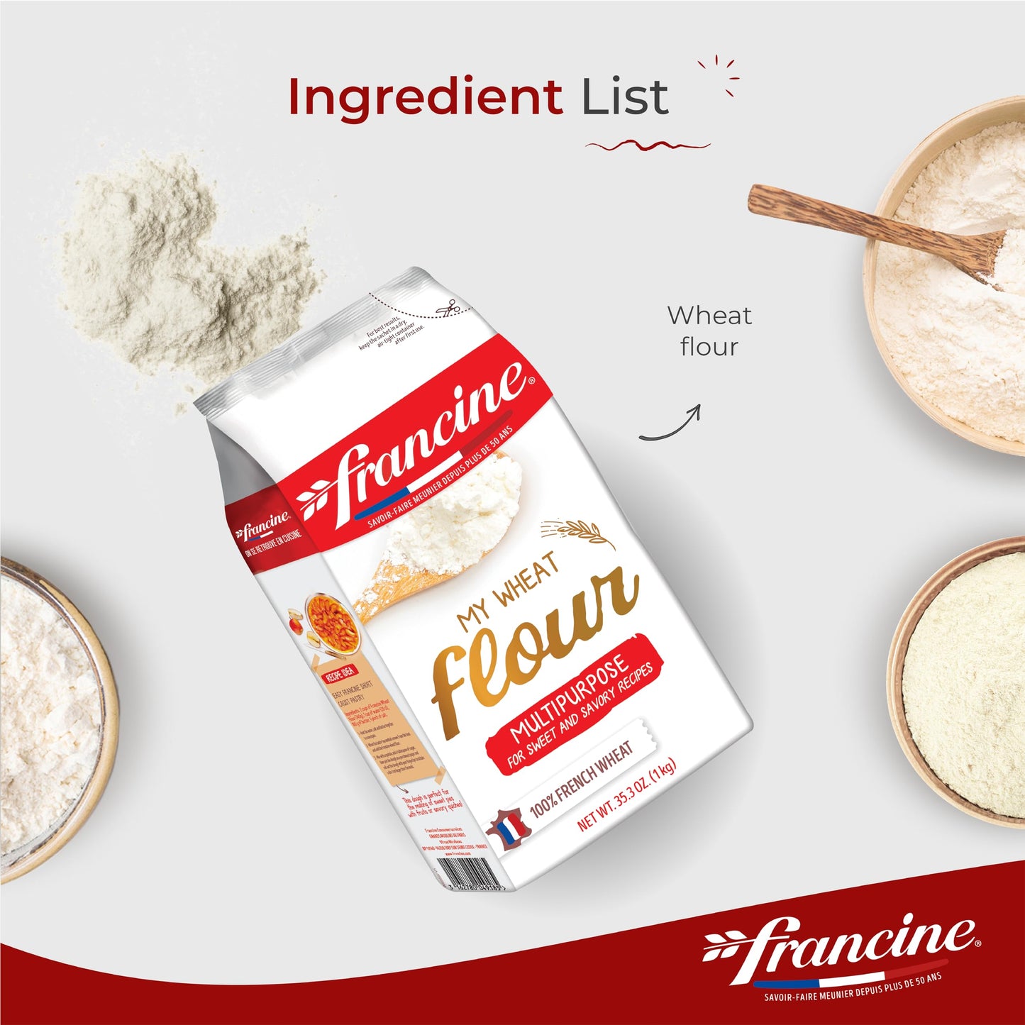 Francine Farine De Ble Tous Usages - French All Purpose Wheat Flour - 2.2 Lbs (6 Pack)