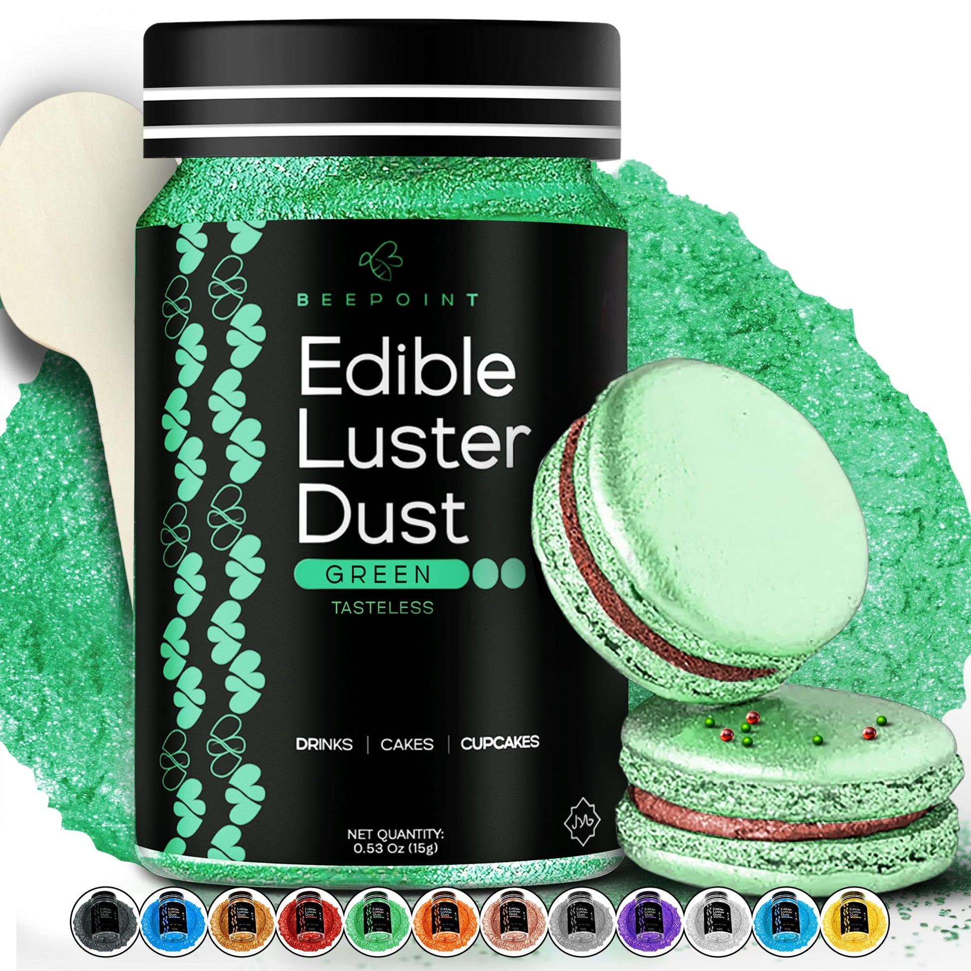 BeePoint Edible Luster Dust - Green Shimmer Powder for Baking, Drinks & Decorating - 15g Vegan & Gluten Free