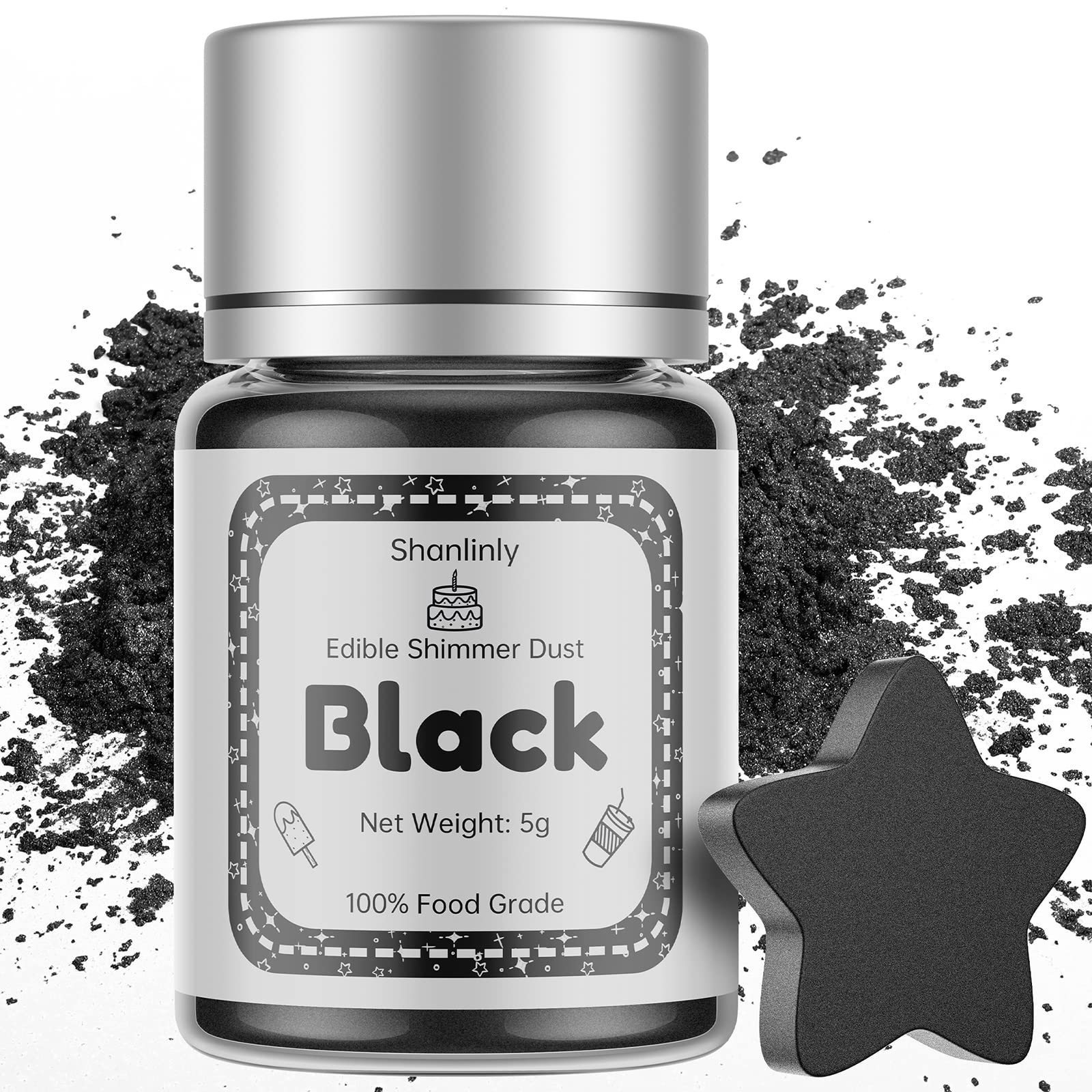 Shanlinly Edible Luster Dust Powder - Black, 5 Grams Food Grade for Cake Decorating, Chocolates, Fondant, Vegan