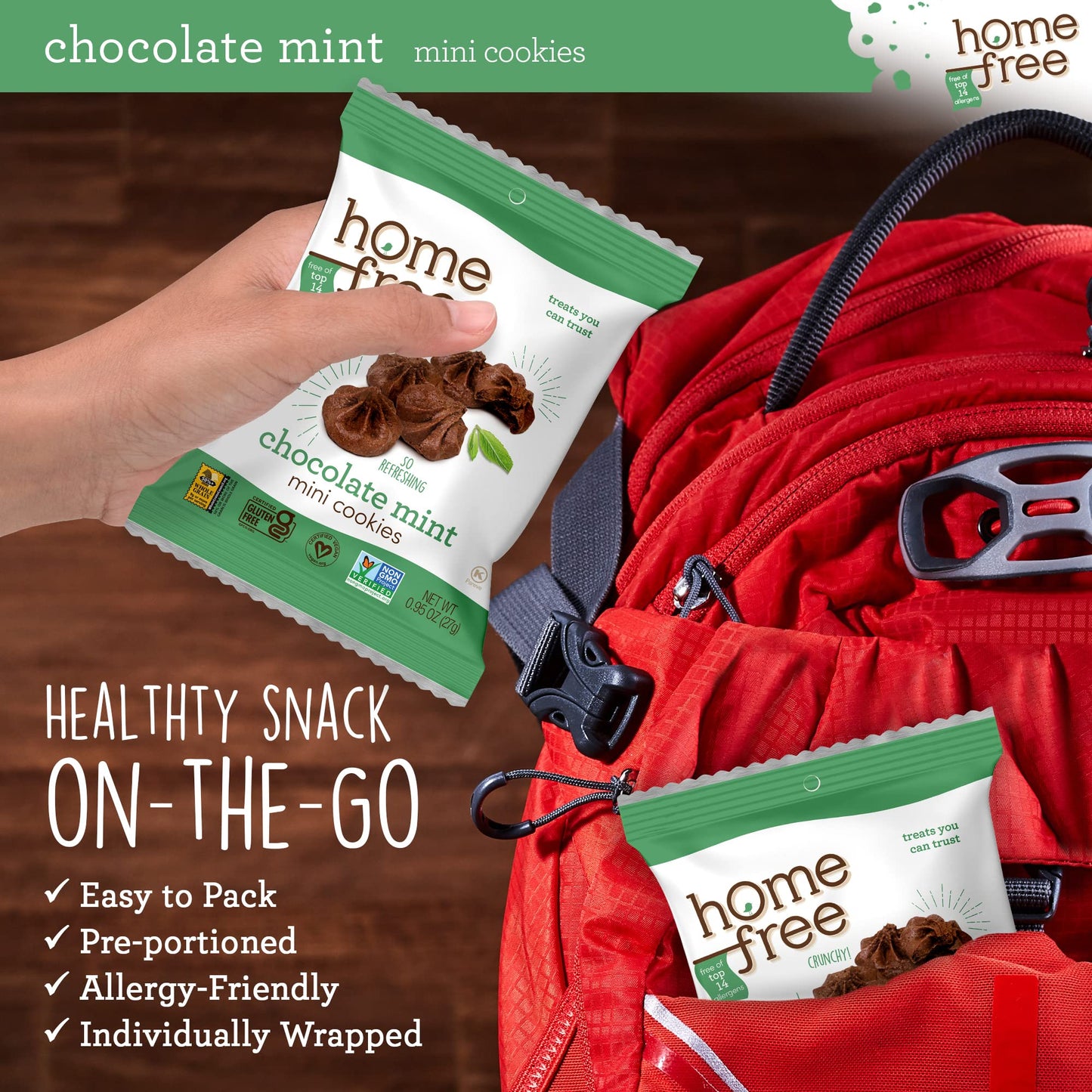 Homefree Chocolate Mint Mini Cookies, Gluten Free, Nut Free, Vegan, Individually Wrapped Packs, School Safe And Allergy Friendly Snack, 0.95 Oz. (Pack Of 30)