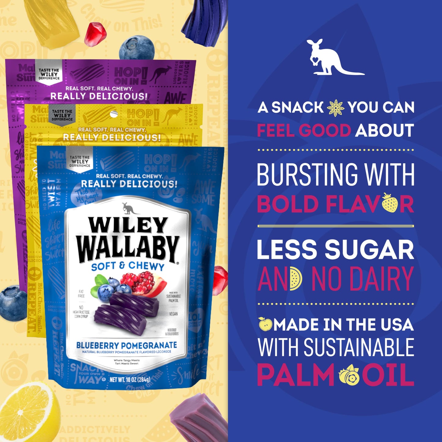 Wiley Wallaby Licorice Variety Pack - Huckleberry, Lemonade & Blue Pomegranate Classic Gourmet Australian Style Soft & Chewy Lic