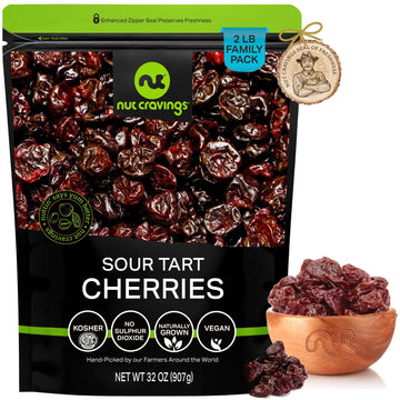 NUT CRAVINGS - Sun Dried Sour Tart Cherries, Lightly Sweetened, Unsulphured (32oz, 2 LB) Bulk Dry Fruits Packed Fresh in Reseala