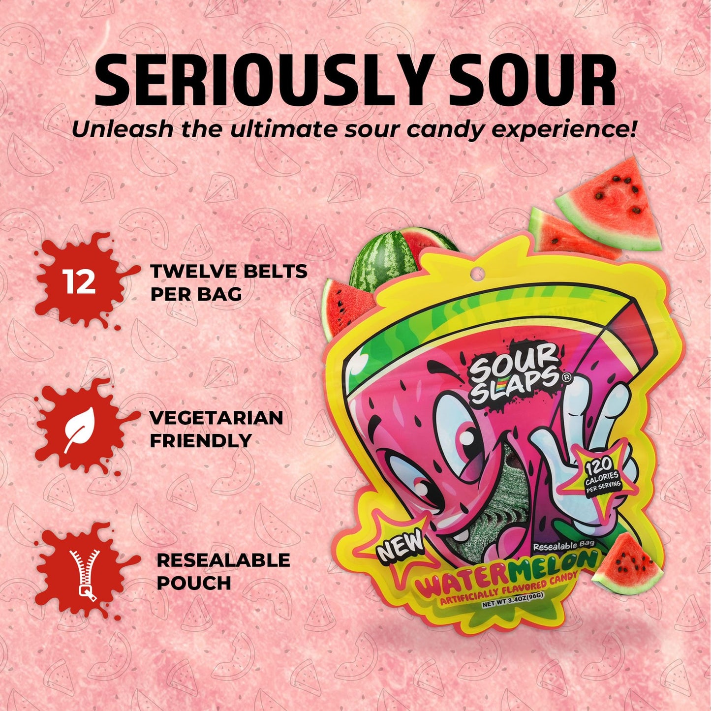 Sour Slaps Sour Candy Belts 3-Pack - Vegetarian, Extreme Sour, Watermelon Flavor, Multi-color, Medium Size