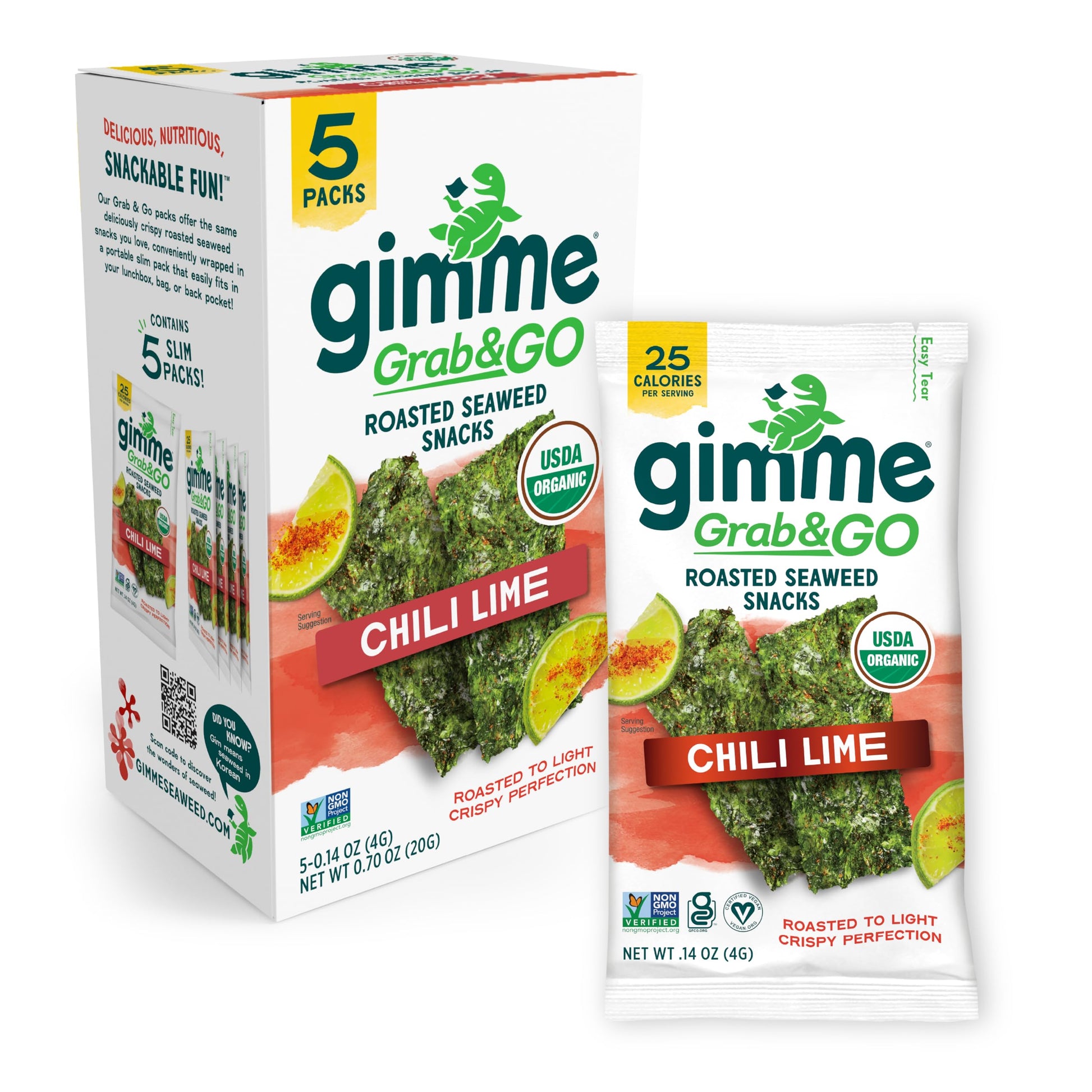 Gimme Seaherbal Product Grab & Go Organic Top-Grade Roasted Seaherbal Product Snacks  Chili Lime  5 Count Trayless  Keto  Vegan  Gluten-Free  Source Of Omega3S  Healthy On-The-Go Snack For Kids & 18+ Uses