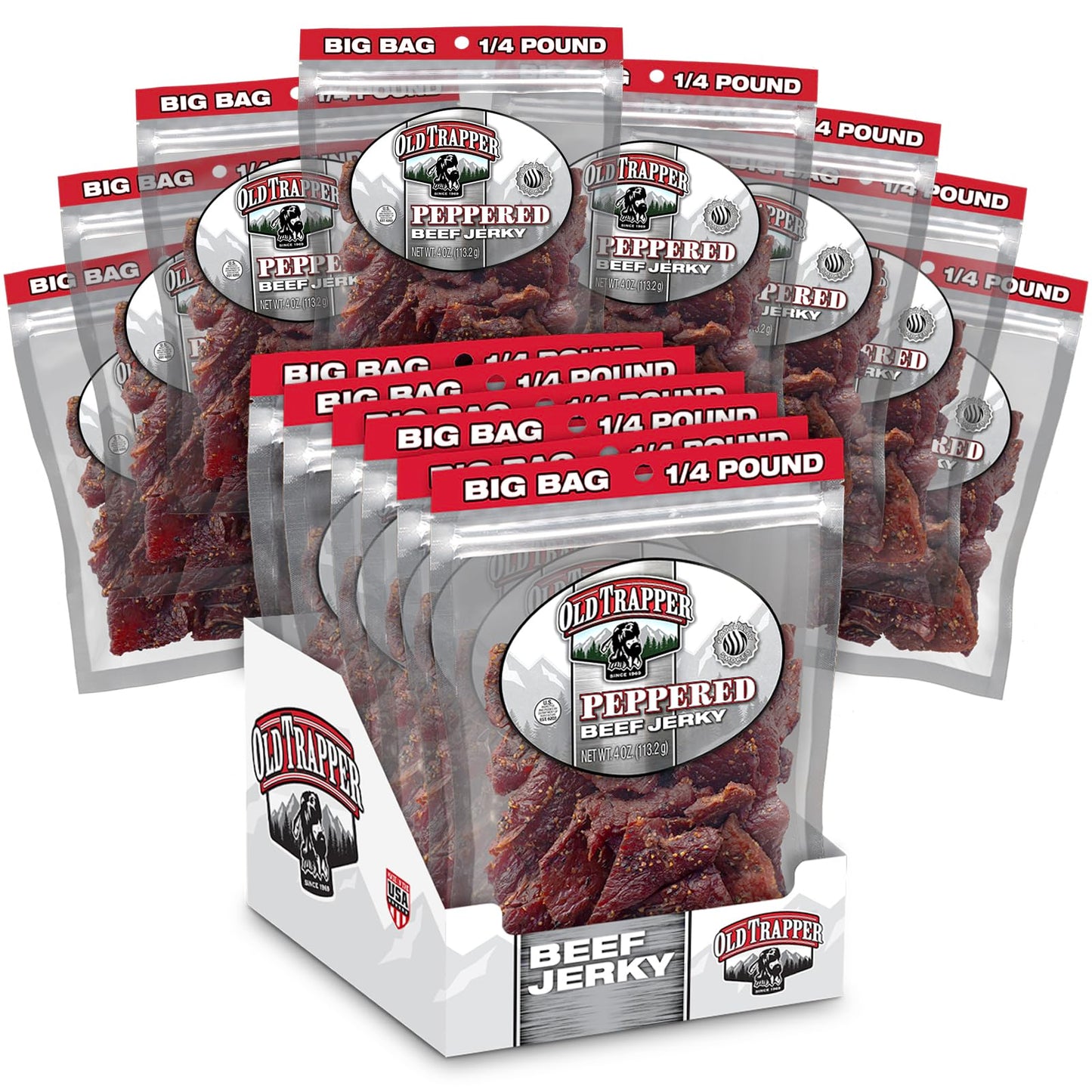 Old Trapper Beef Jerky, Peppered, Spicy Meat Snacks, 4 Ounce (Pack of 8), 11g Protein, Zero Fat, 70 Calories per Serving