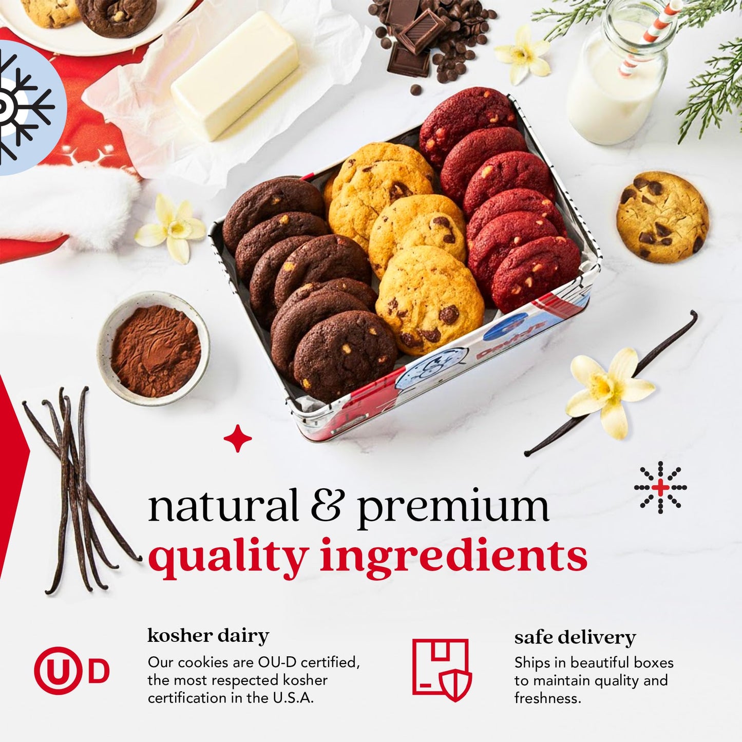 Davids Cookies Christmas Cookies Gift Box - Fresh Baked Assorted Mini Cookies in Winterwonderland Tin with Chocolate Chip, Whit