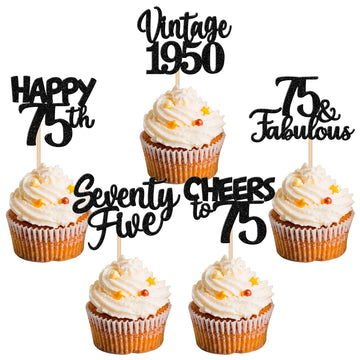 30Pcs Happy 75Th Birthday Cupcake Toppers Glitter Seventy Five Vintage 1948 Cupcake Picks 75 Fabulous Cheers To 75 Years Cake De