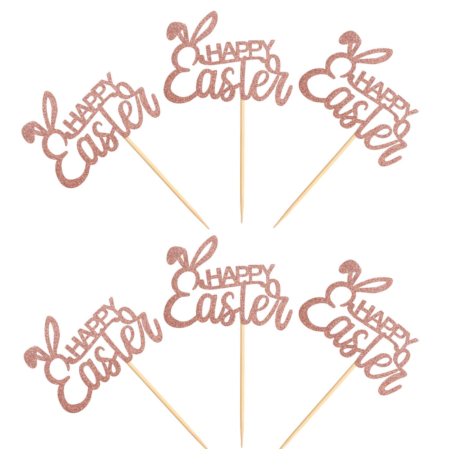 Ercadio 36 Pack Happy Easter Cupcake Toppers Rose Gold Glitter Bunney Ear Cupcake Picks Happy Easter Theme Party Cake Decoration