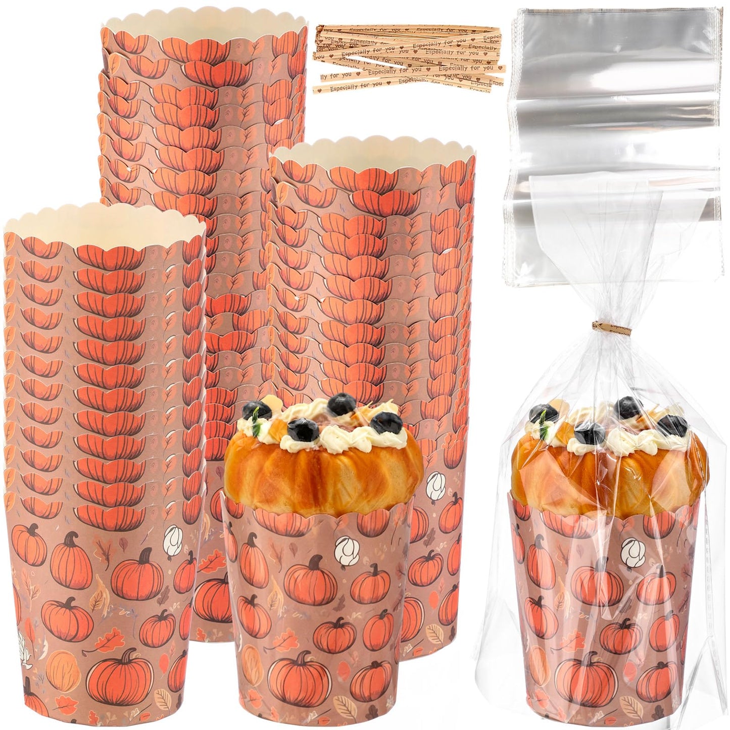 Potchen 50 Sets 12oz Fall Panettone Paper Mold Sets Disposable Autumn Paper Bread Molds Baking Cake Pan with Clear Plastic Bags 