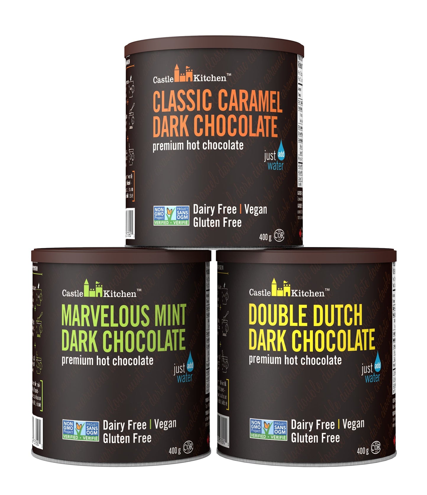 Castle Kitchen Natural Hot Chocolate Mix Variety Pack (42 Oz) - Dairy-Free, Vegan Complete Mixes - Just Add Water - Pack of 3 (C