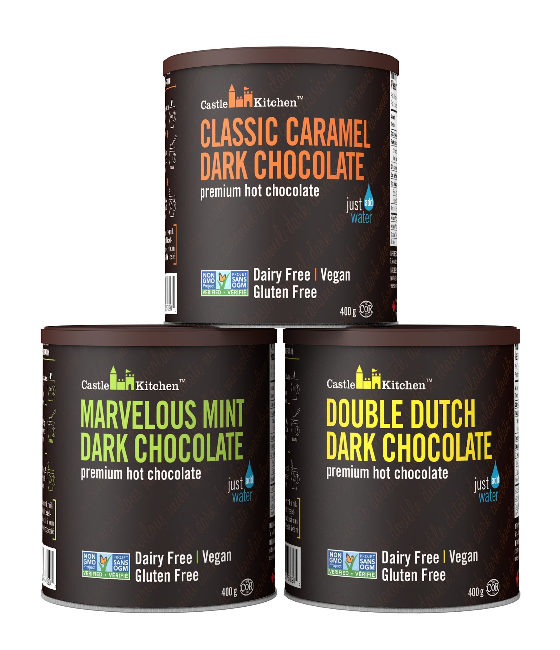 Castle Kitchen Natural Hot Chocolate Mix Variety Pack (42 Oz) - Dairy-Free, Vegan Complete Mixes - Just Add Water - Pack of 3 (C