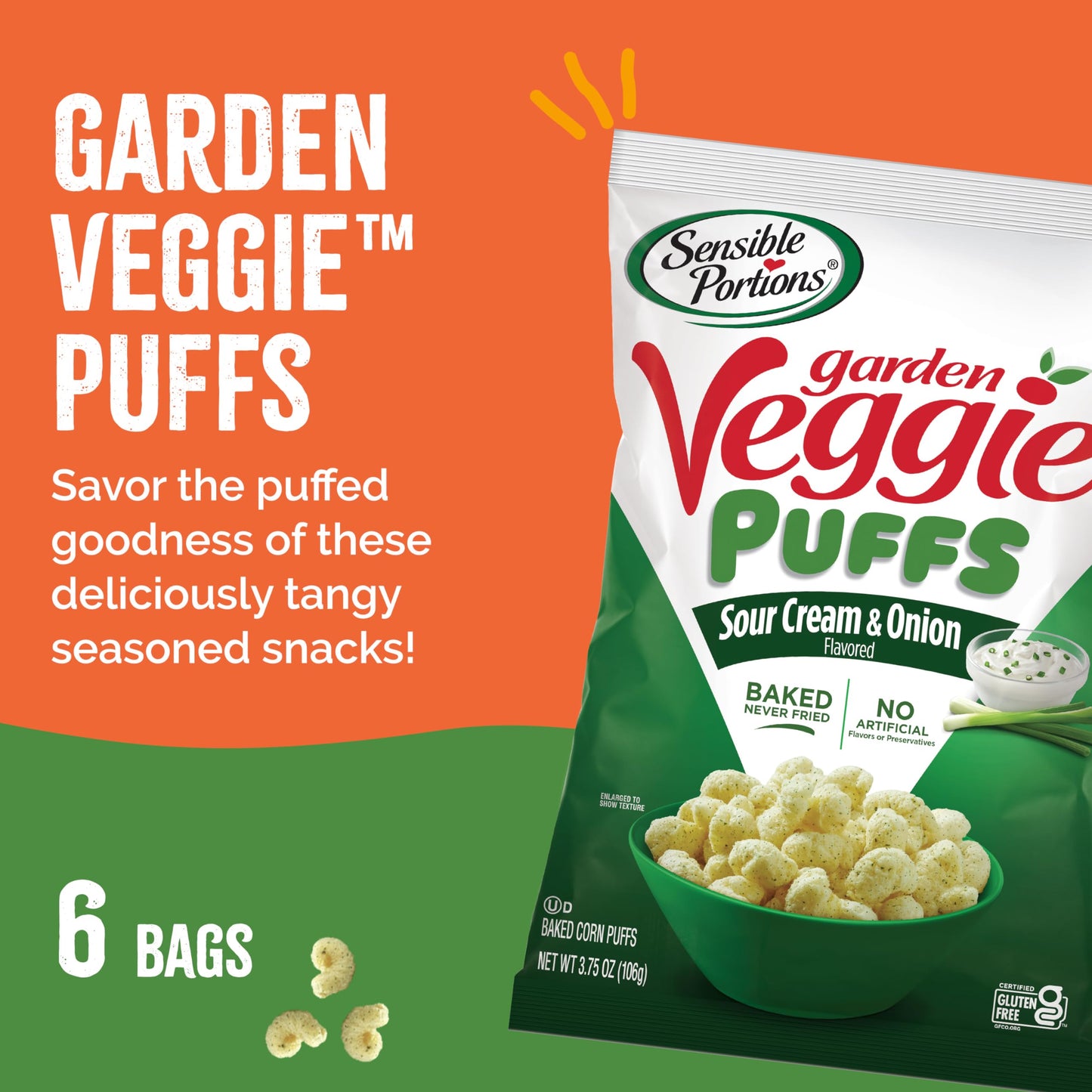 Sensible Portions Veggie Puffs, Sour Cream & Onion, Gluten-Free, 3.75 Ounce Bag, 6-Pack