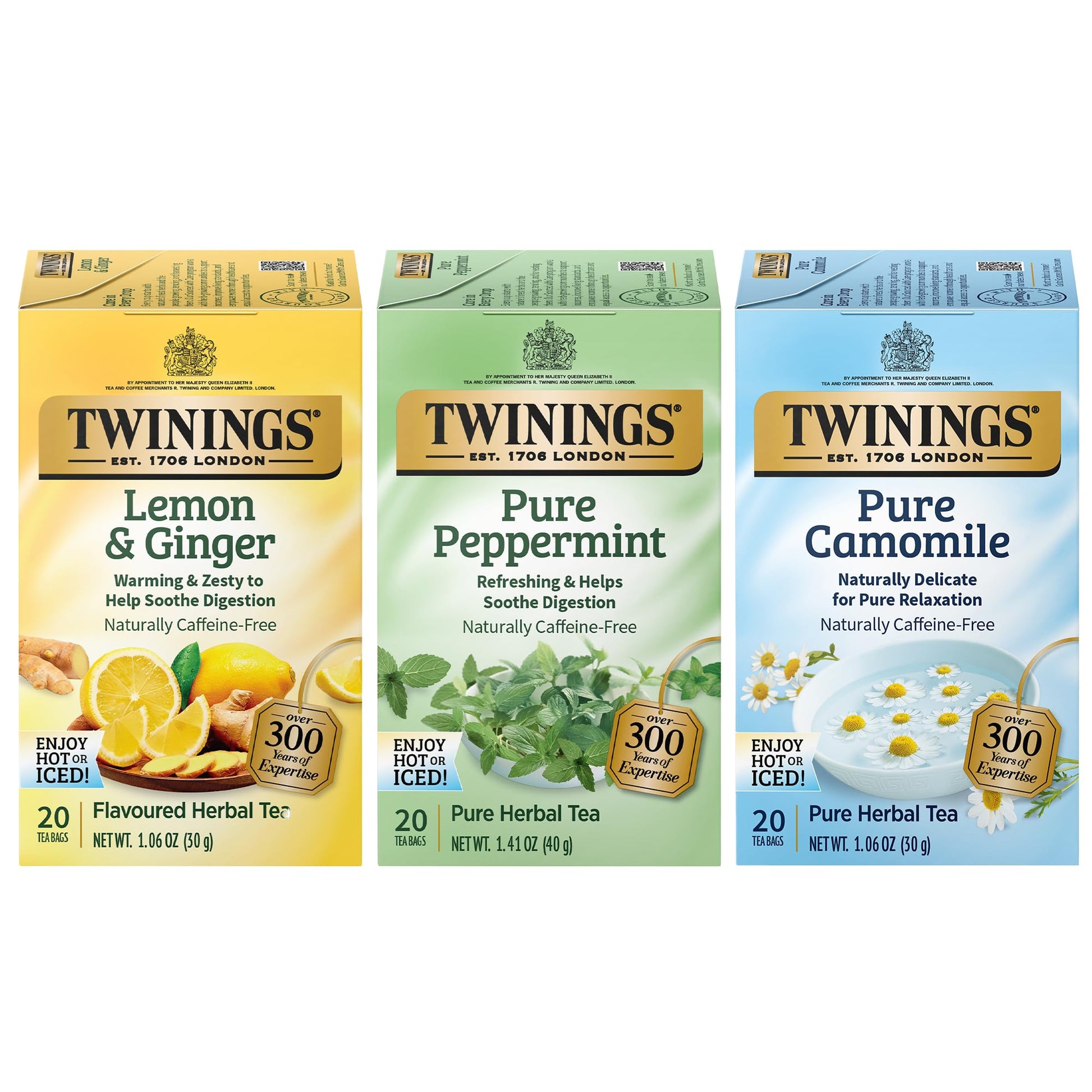 Twinings Herbal Tea Variety Pack - Pure Peppermint, Pure Camomile & Lemon Ginger - 20 Count Each (Pack of 3) - Caffeine-Free