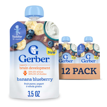 Gerber Toddler Food, Banana Blueberry, Fruit Puree, Yogurt & Whole Grains Pouches, Iron & Choline Helps Support Brain Developmen