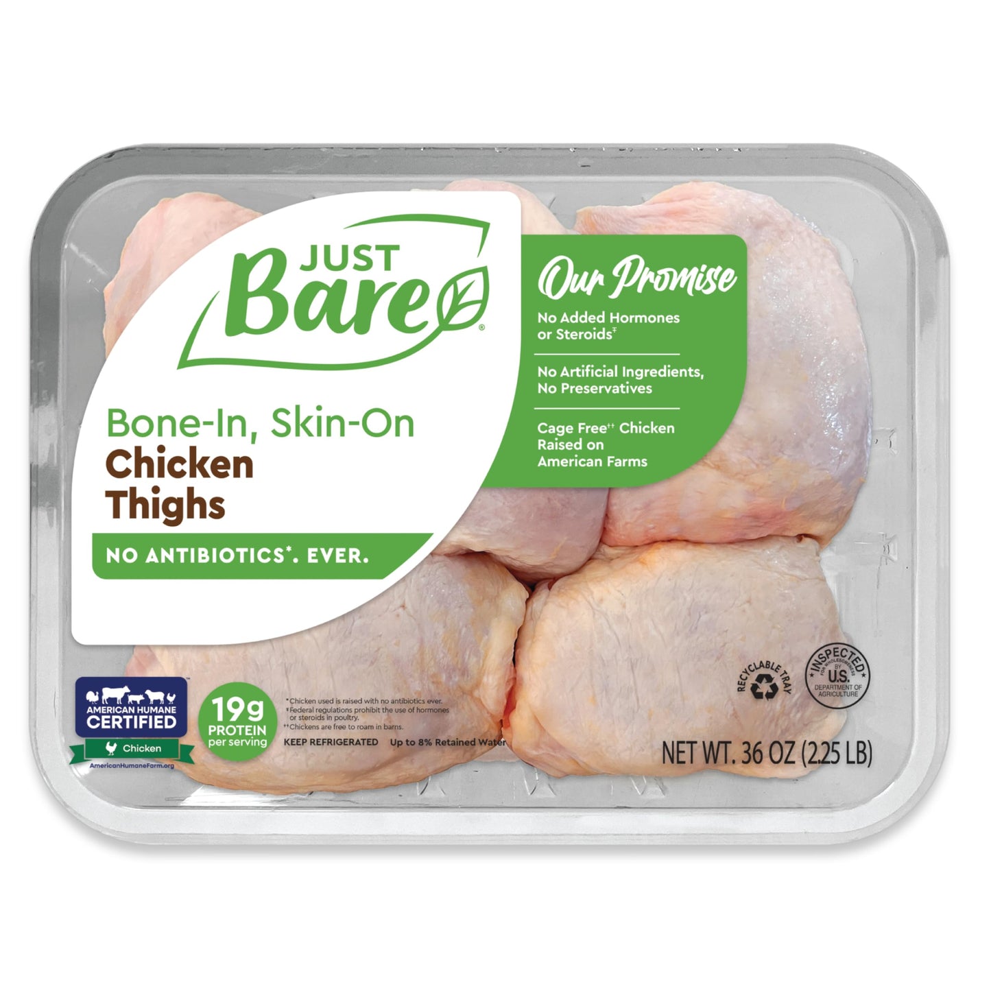 Just Bare All Natural Fresh Chicken Thighs | Family Pack | No Antibiotics Ever | Bone-In | 2.25 LB