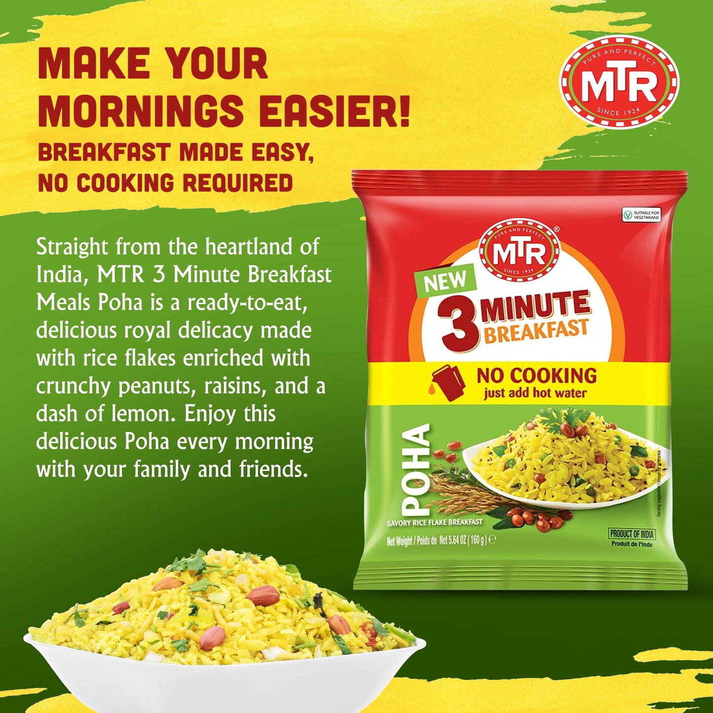MTR 3minute Poha - Ready-to-Cook Mix - Authentic Indian Food in Just 3 Minutes - 100% Vegetarian - No Added Preservatives - Just