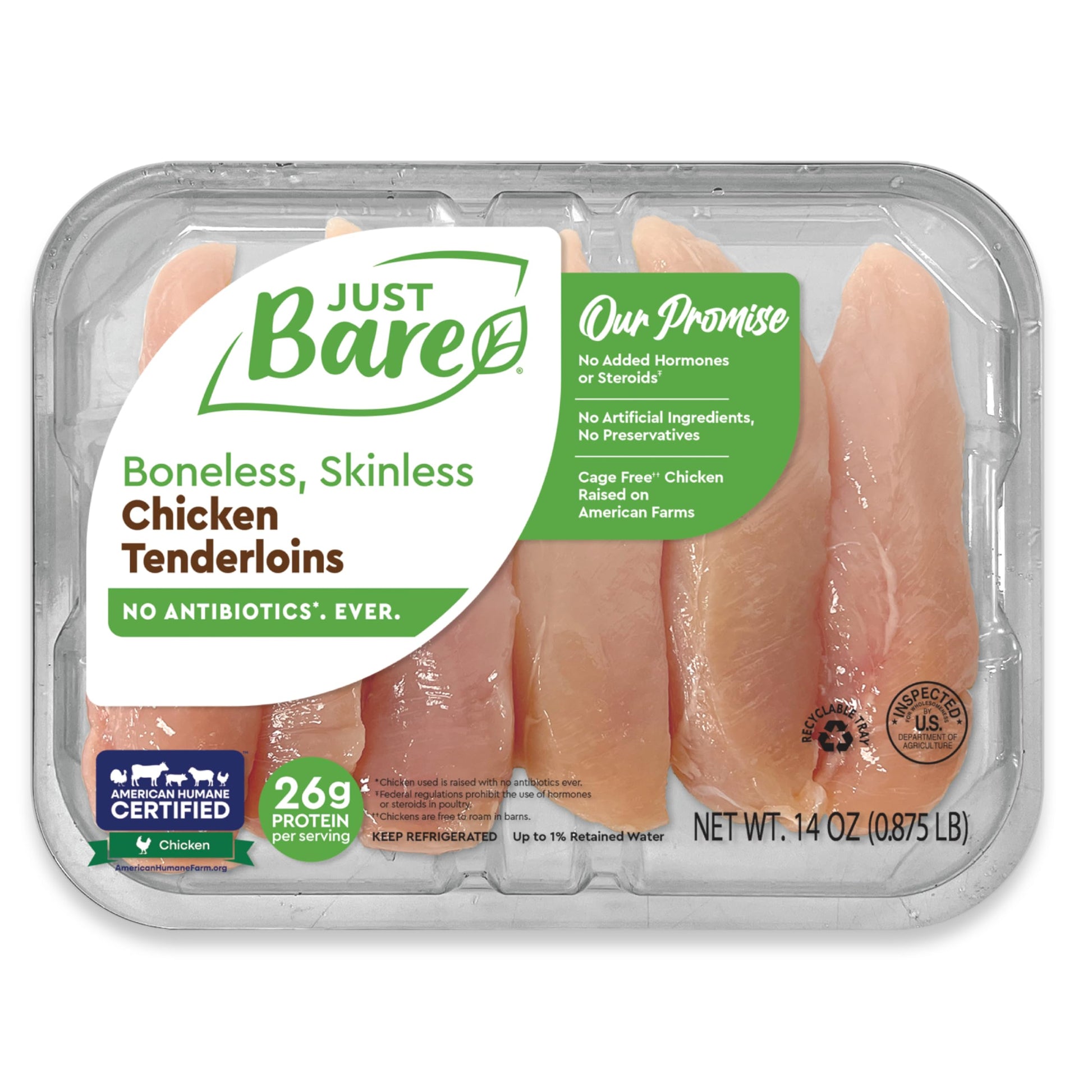 Just Bare Natural Fresh Chicken Tenders | No Antibiotics Ever | Boneless | Skinless | 0.88 LB
